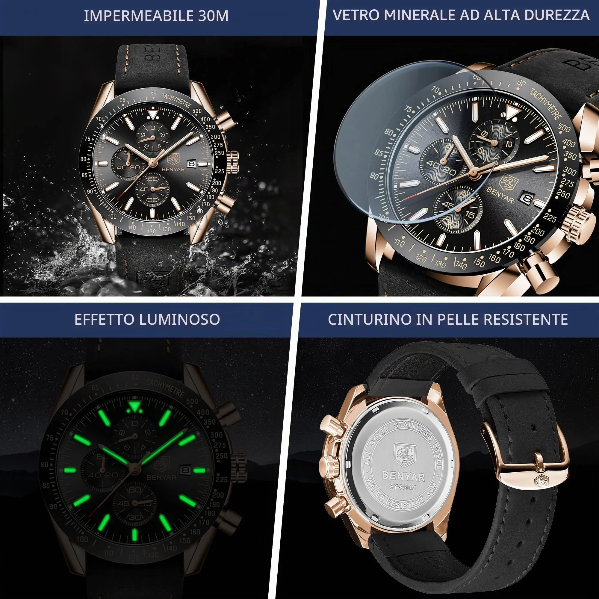 BENYAR BY Orologio Uomo Cronografo Analogico al Quarzo Impermeabile Luminoso Orologi Moda Sportivo Regalo per Uomo - immagine 4