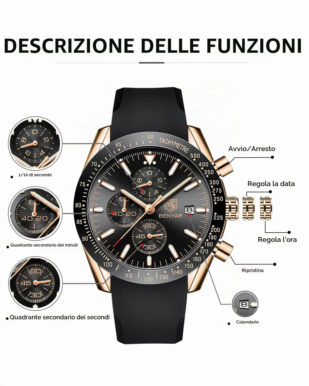 BENYAR BY Orologio Uomo Cronografo Analogico al Quarzo Impermeabile Luminoso Orologi Moda Sportivo Regalo per Uomo - immagine 5