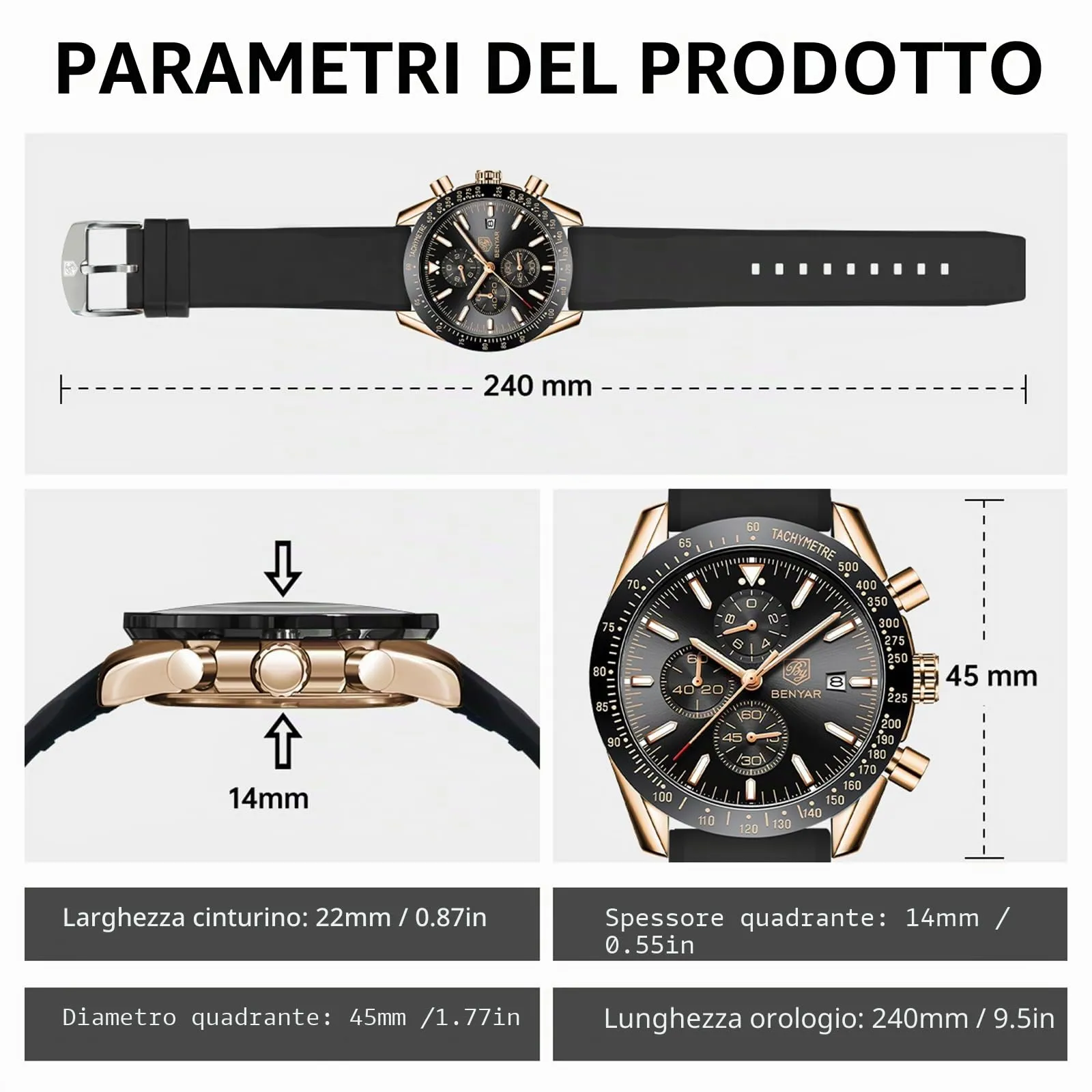 BENYAR BY Orologio Uomo Cronografo Analogico al Quarzo Impermeabile Luminoso Orologi Moda Sportivo Regalo per Uomo - immagine 6