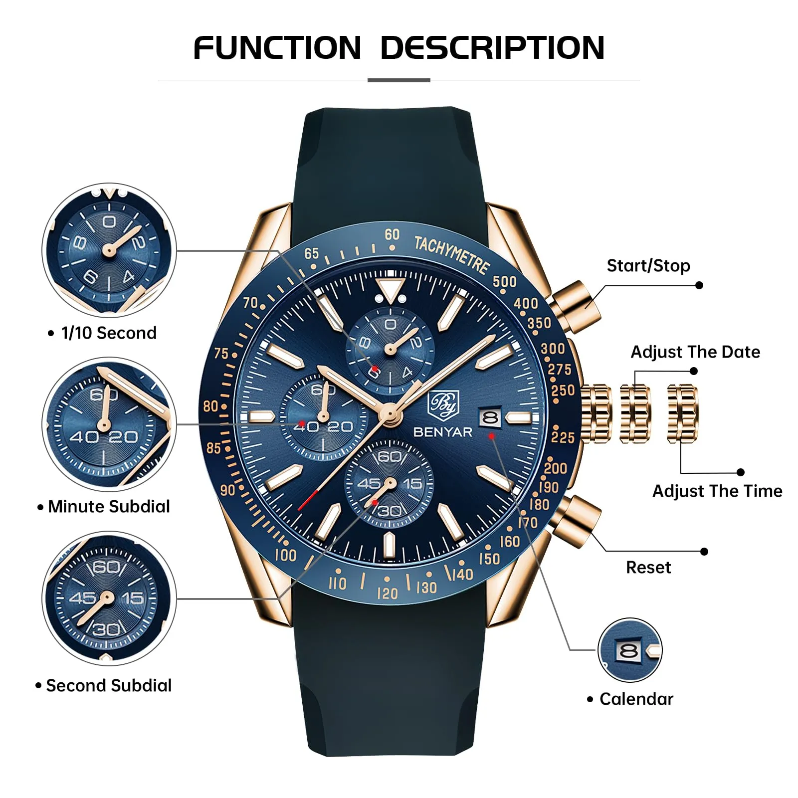 BENYAR BY Orologio Uomo Cronografo Analogico al Quarzo Impermeabile Luminoso Orologi Moda Sportivo Regalo per Uomo - immagine 7
