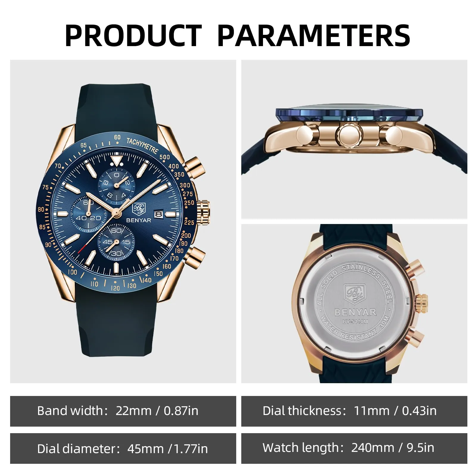 BENYAR BY Orologio Uomo Cronografo Analogico al Quarzo Impermeabile Luminoso Orologi Moda Sportivo Regalo per Uomo - immagine 8