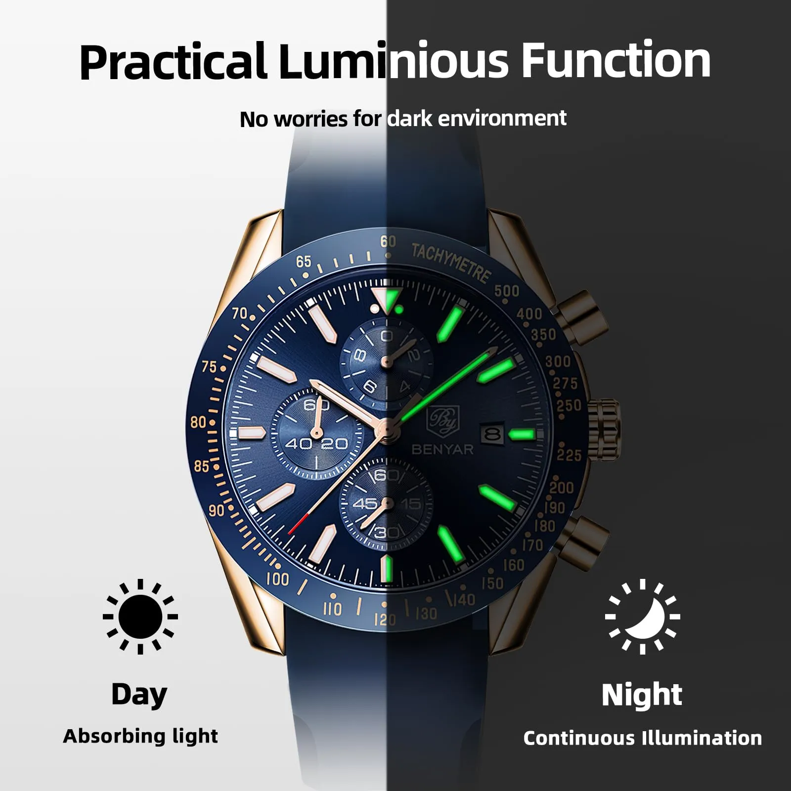 BENYAR BY Orologio Uomo Cronografo Analogico al Quarzo Impermeabile Luminoso Orologi Moda Sportivo Regalo per Uomo - immagine 9