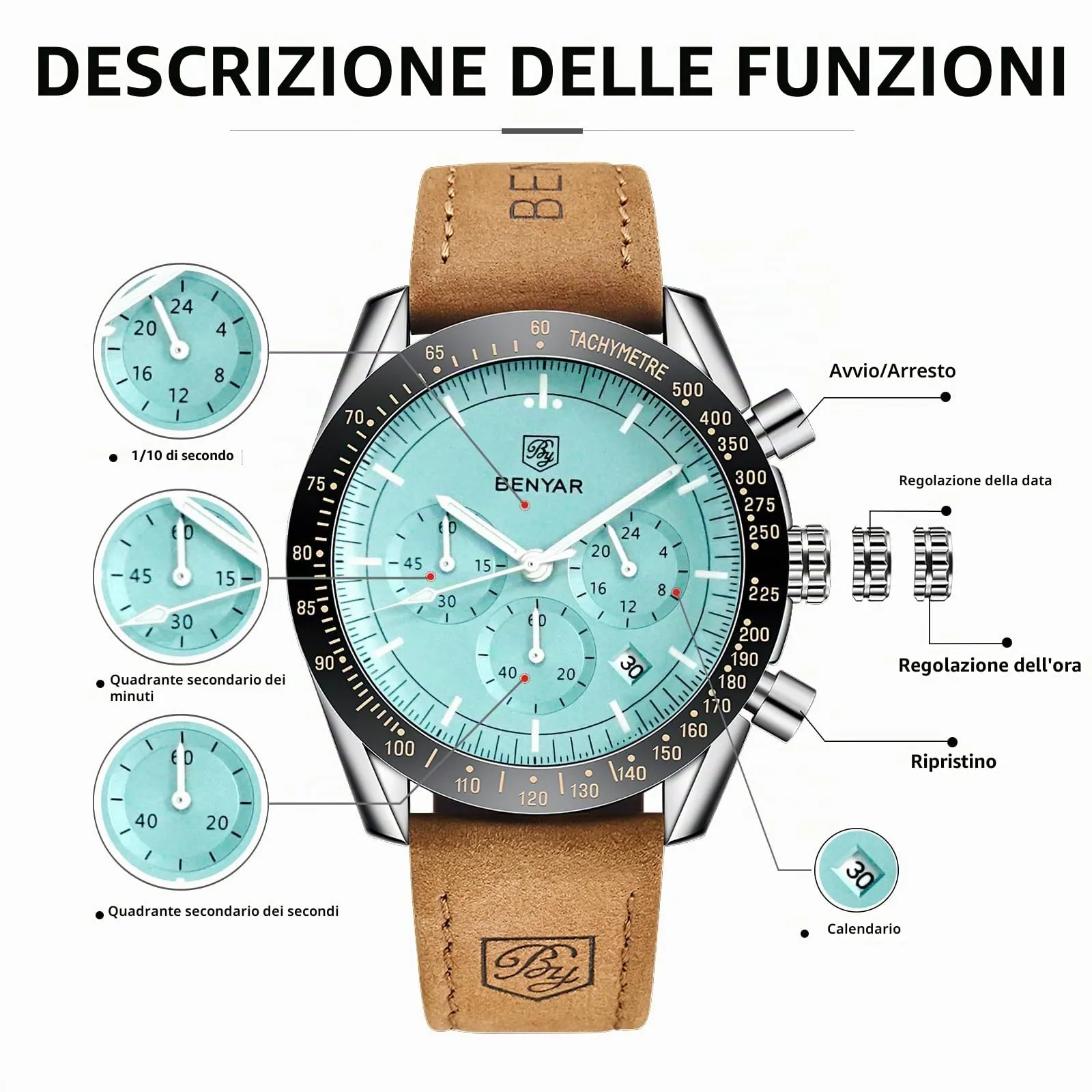 BENYAR BY Orologio Uomo Cronografo Analogico al Quarzo Impermeabile Luminoso Orologi Moda Sportivo Regalo per Uomo - immagine 5