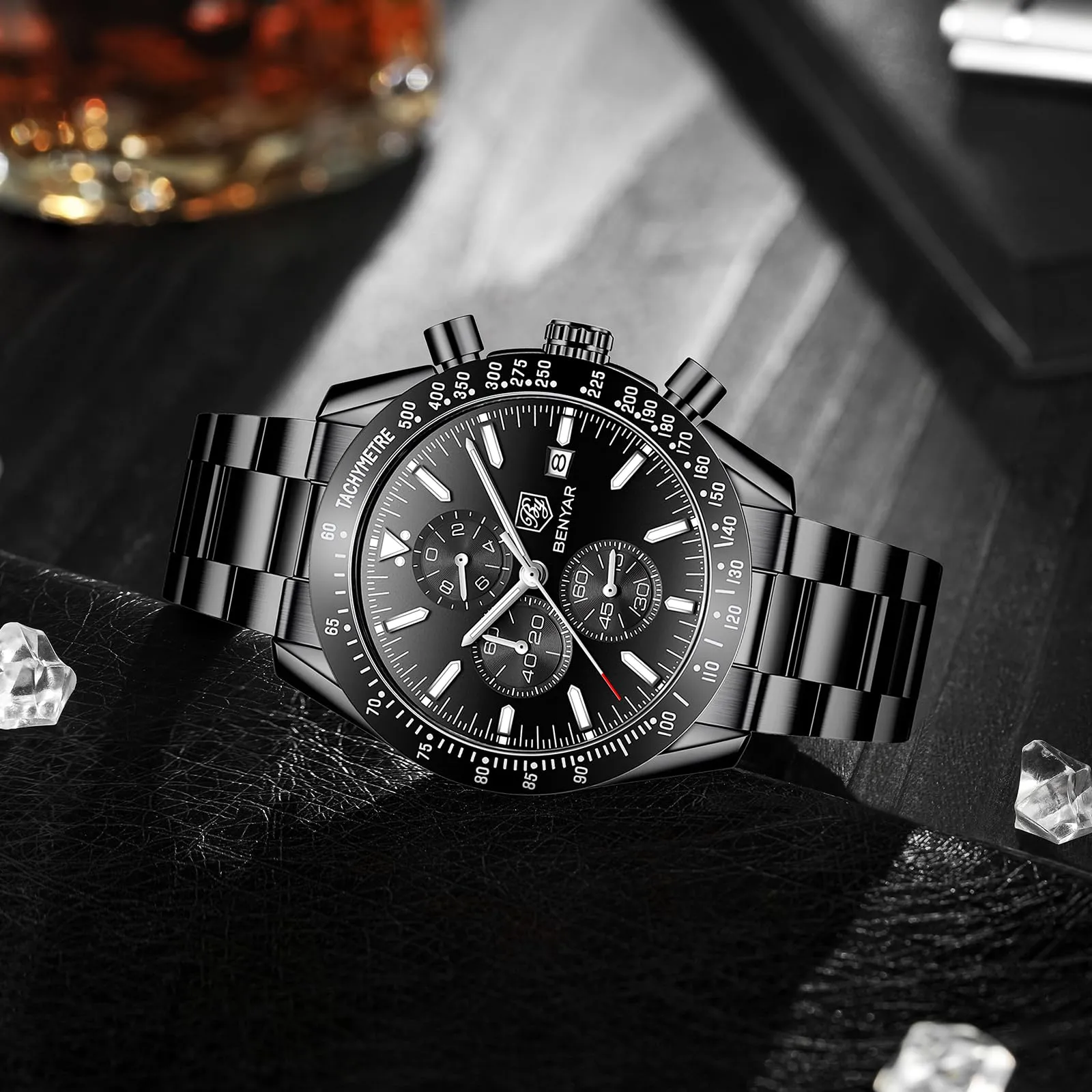 BY BENYAR Orologio Uomo Cronografo Analogico al Quarzo Impermeabile Orologi Elegante Moda Sportivo Classico Acciaio Orologio da Polso Regalo per Uomo - immagine 7