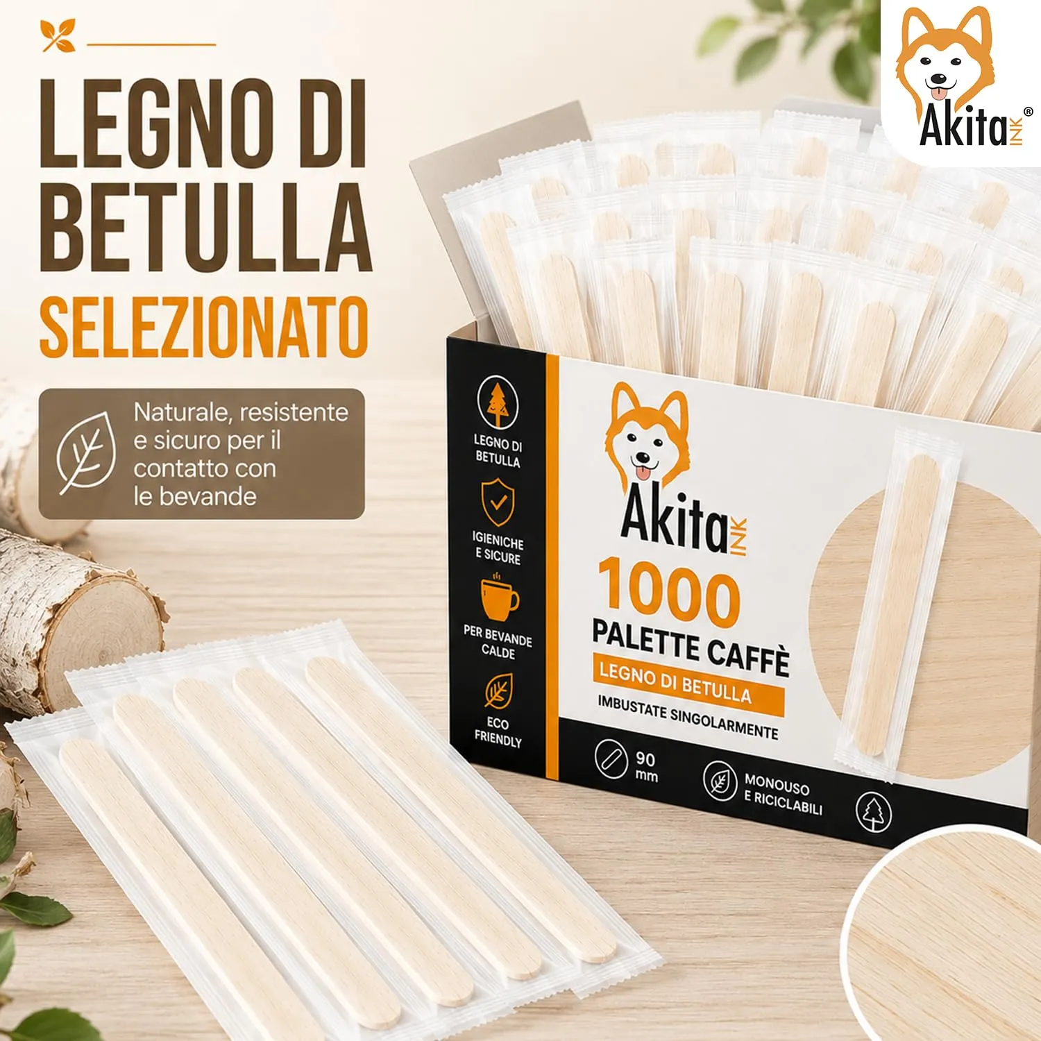1000 Palette caffè monouso confezionate singolarmente, palettine in legno biodegradabili, compostabili e resistenti al calore, per Girare Zucchero Bevande e Caffe nei Bicchierini (1000 IMBUSTATE) - immagine 2