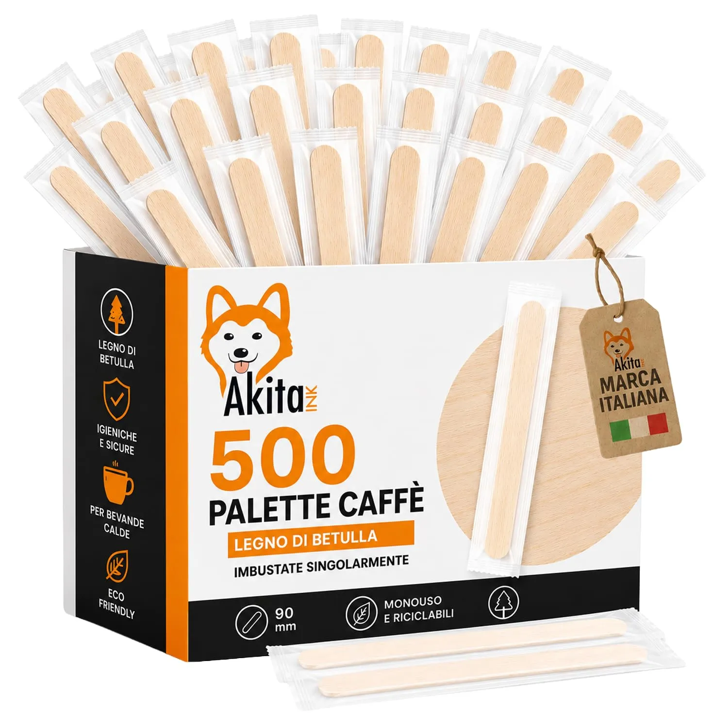 500 Palette caffè monouso confezionate singolarmente, palettine in legno biodegradabili, compostabili e resistenti al calore, per Girare Zucchero Bevande e Caffe nei Bicchierini (500 IMBUSTATE) - immagine 1
