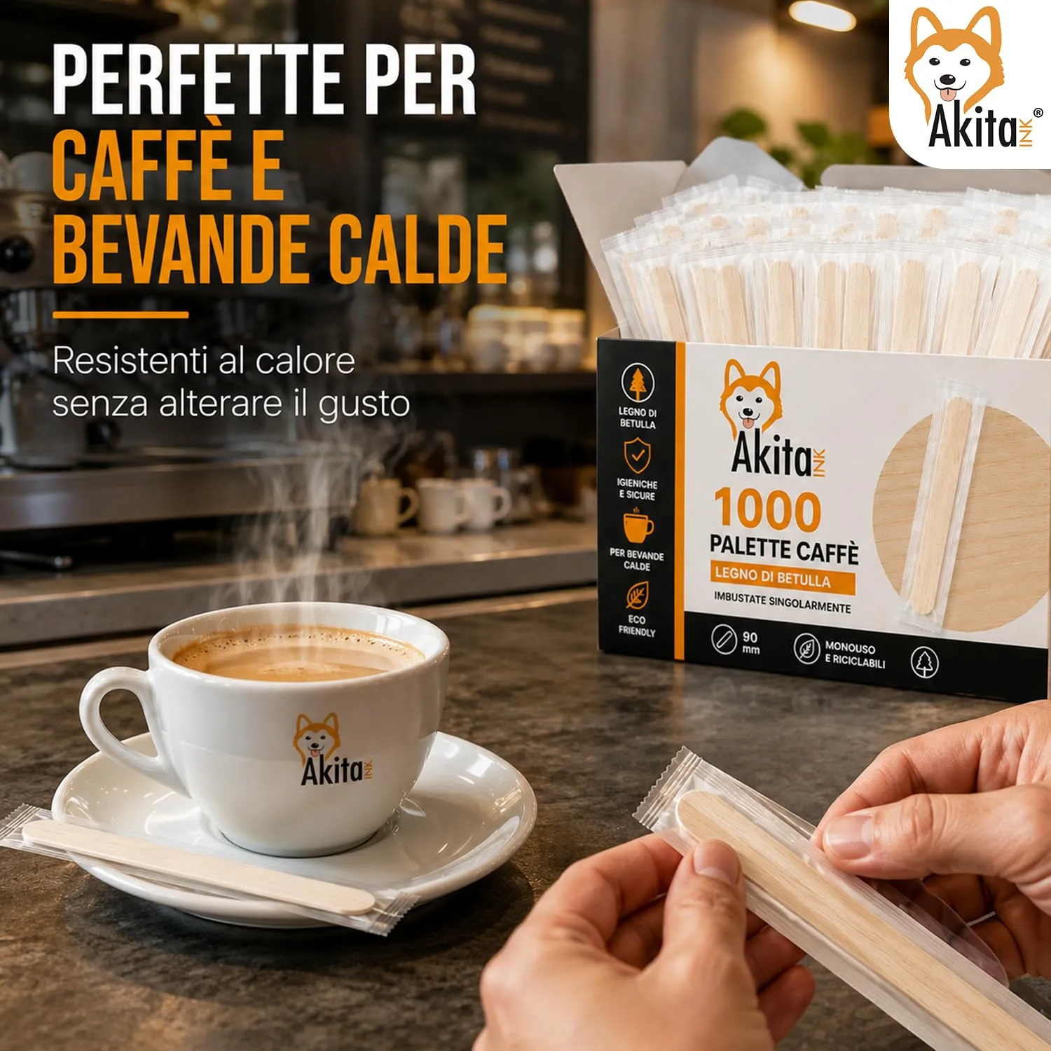 500 Palette caffè monouso confezionate singolarmente, palettine in legno biodegradabili, compostabili e resistenti al calore, per Girare Zucchero Bevande e Caffe nei Bicchierini (500 IMBUSTATE) - immagine 3