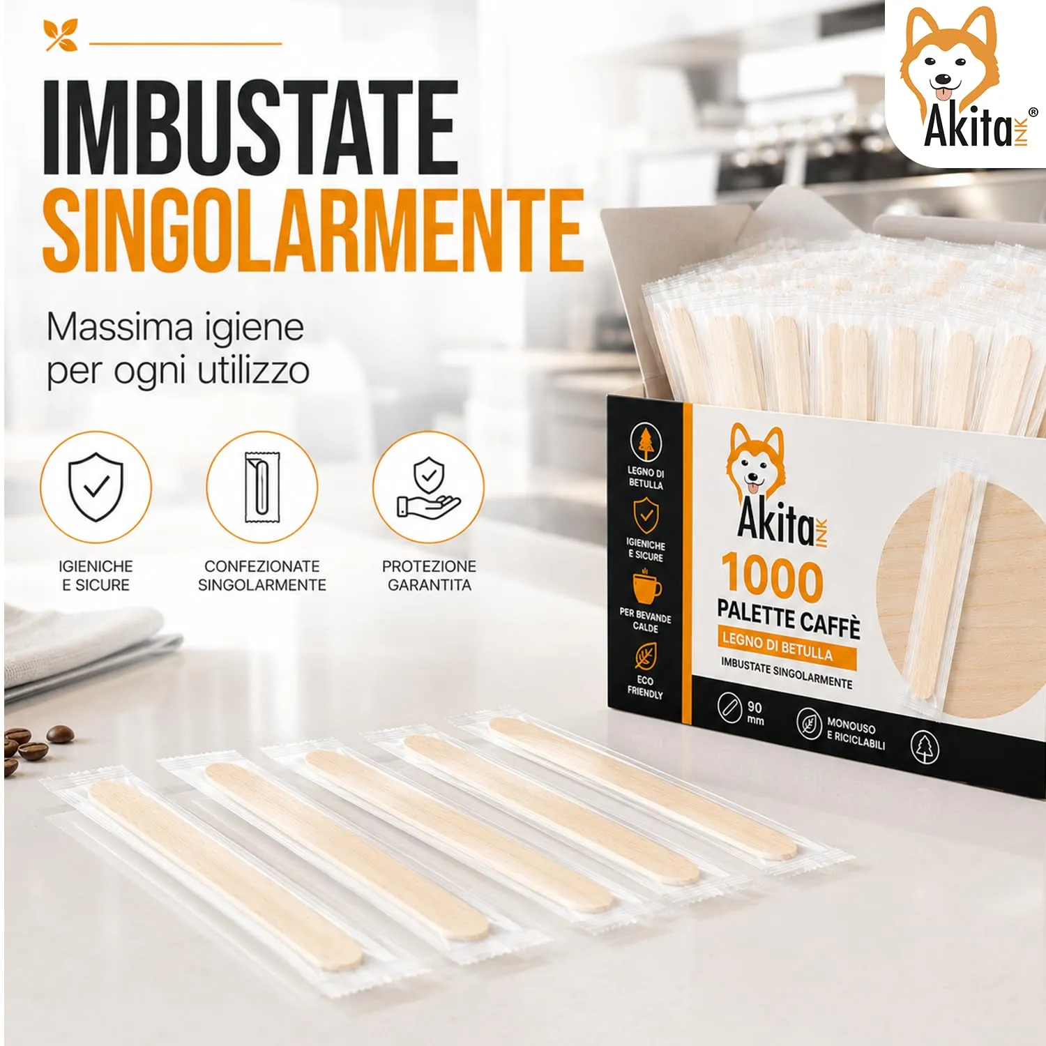 500 Palette caffè monouso confezionate singolarmente, palettine in legno biodegradabili, compostabili e resistenti al calore, per Girare Zucchero Bevande e Caffe nei Bicchierini (500 IMBUSTATE) - immagine 4