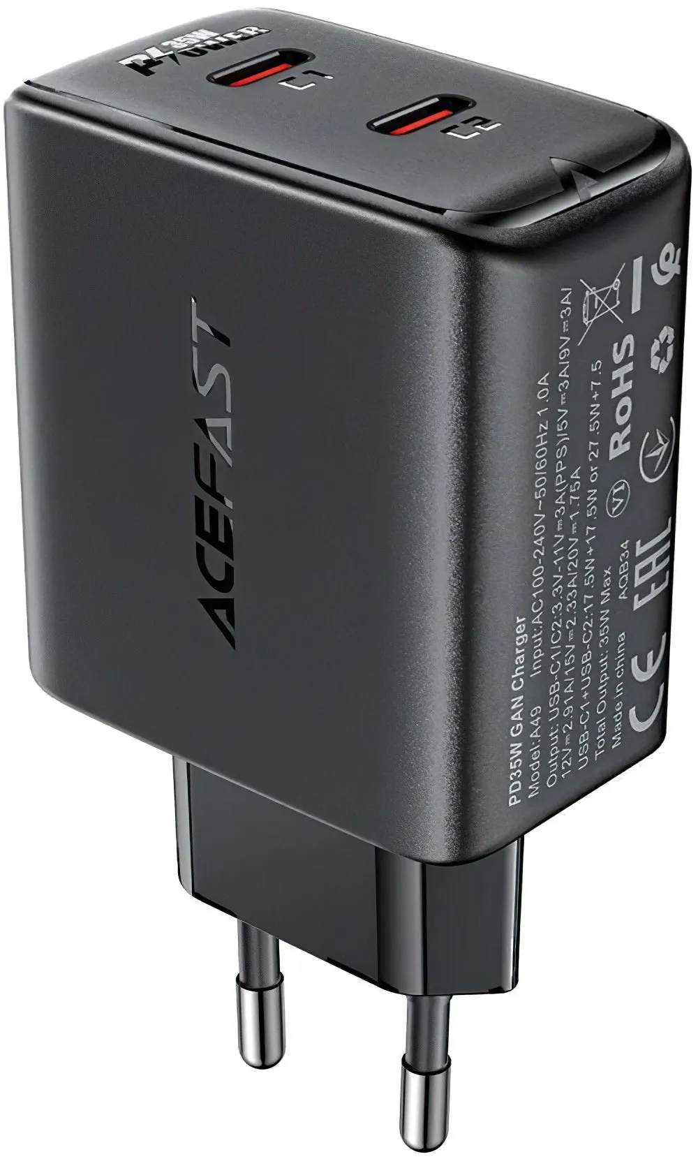 Caricabatterie di rete Acefast A49, 35W, 3A, 2 x USB-C, nero - immagine 1