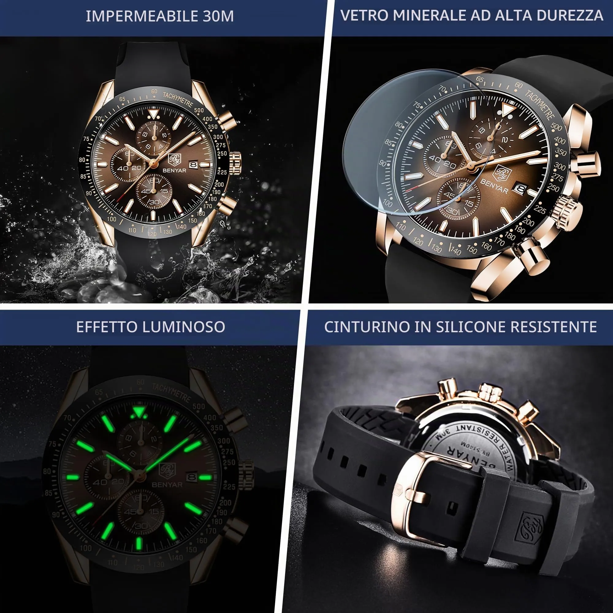 BENYAR BY Orologio Uomo Cronografo Analogico al Quarzo Impermeabile Luminoso Orologi Moda Sportivo Regalo per Uomo - immagine 4