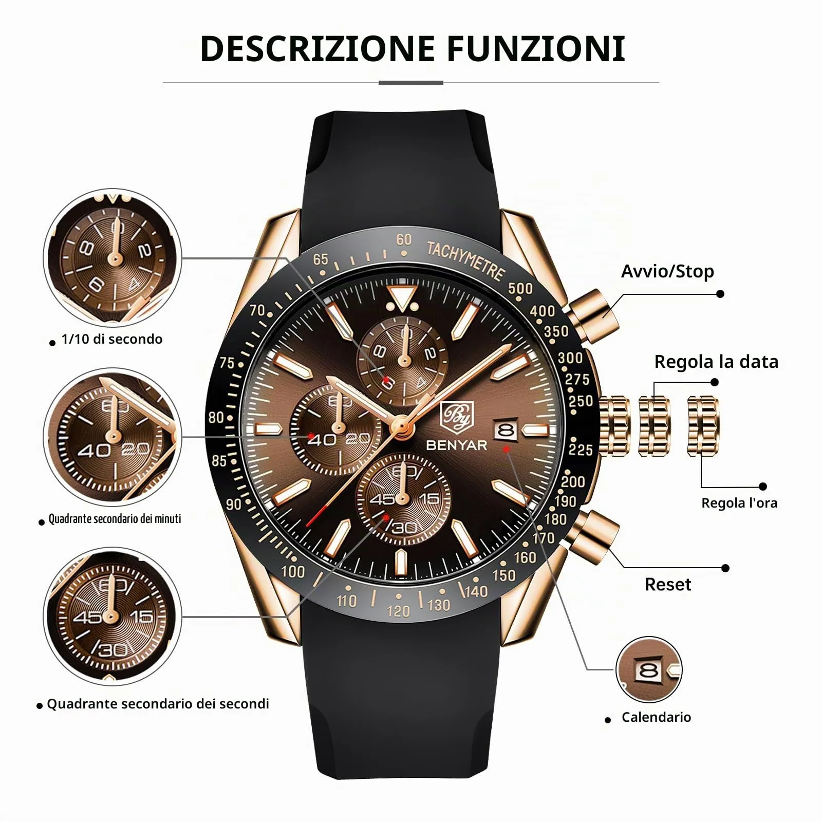 BENYAR BY Orologio Uomo Cronografo Analogico al Quarzo Impermeabile Luminoso Orologi Moda Sportivo Regalo per Uomo - immagine 5
