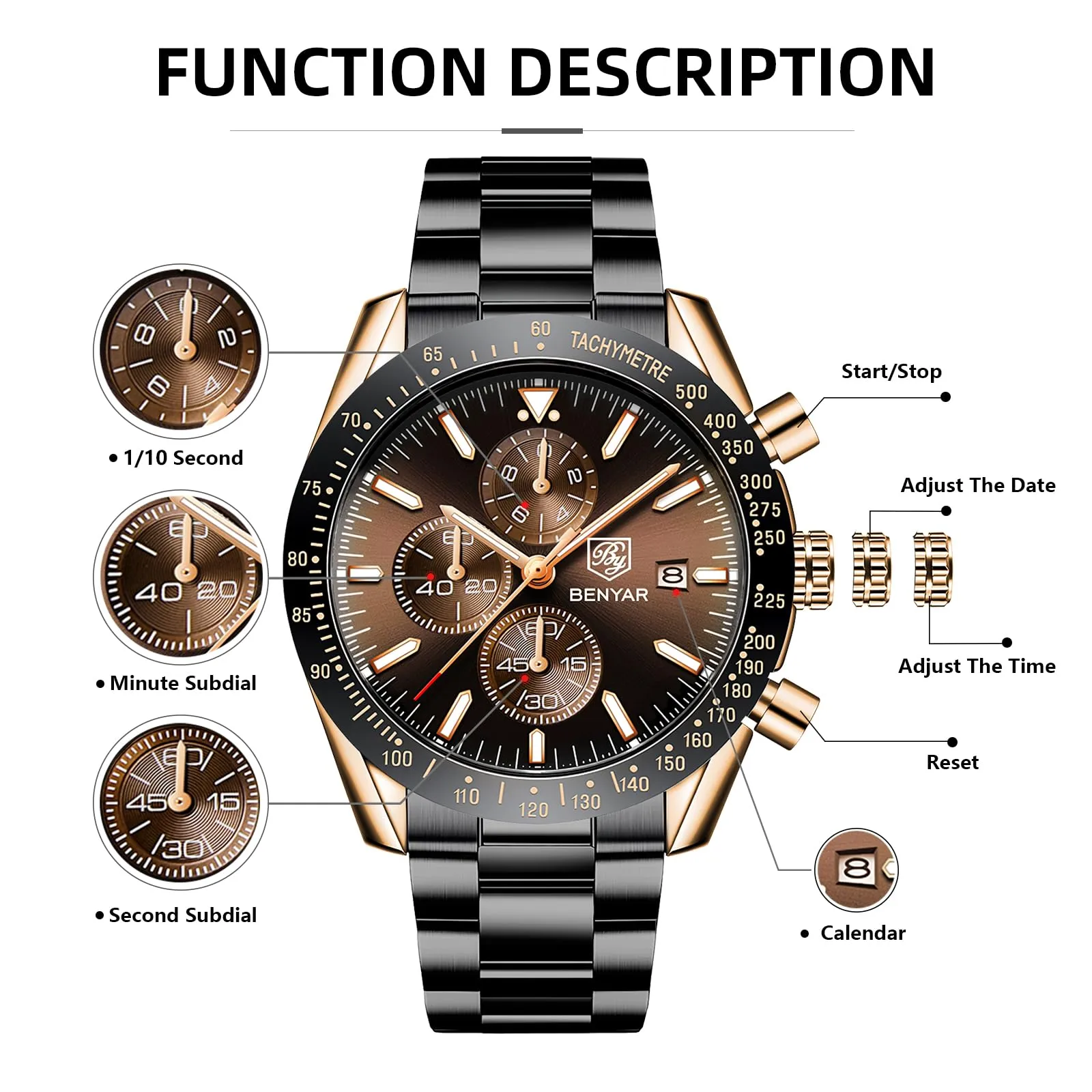 BENYAR BY Orologio Uomo Cronografo Analogico al Quarzo Impermeabile Orologi Elegante Moda Sportivo Classico Acciaio Orologio da Polso Regalo per Uomo - immagine 6