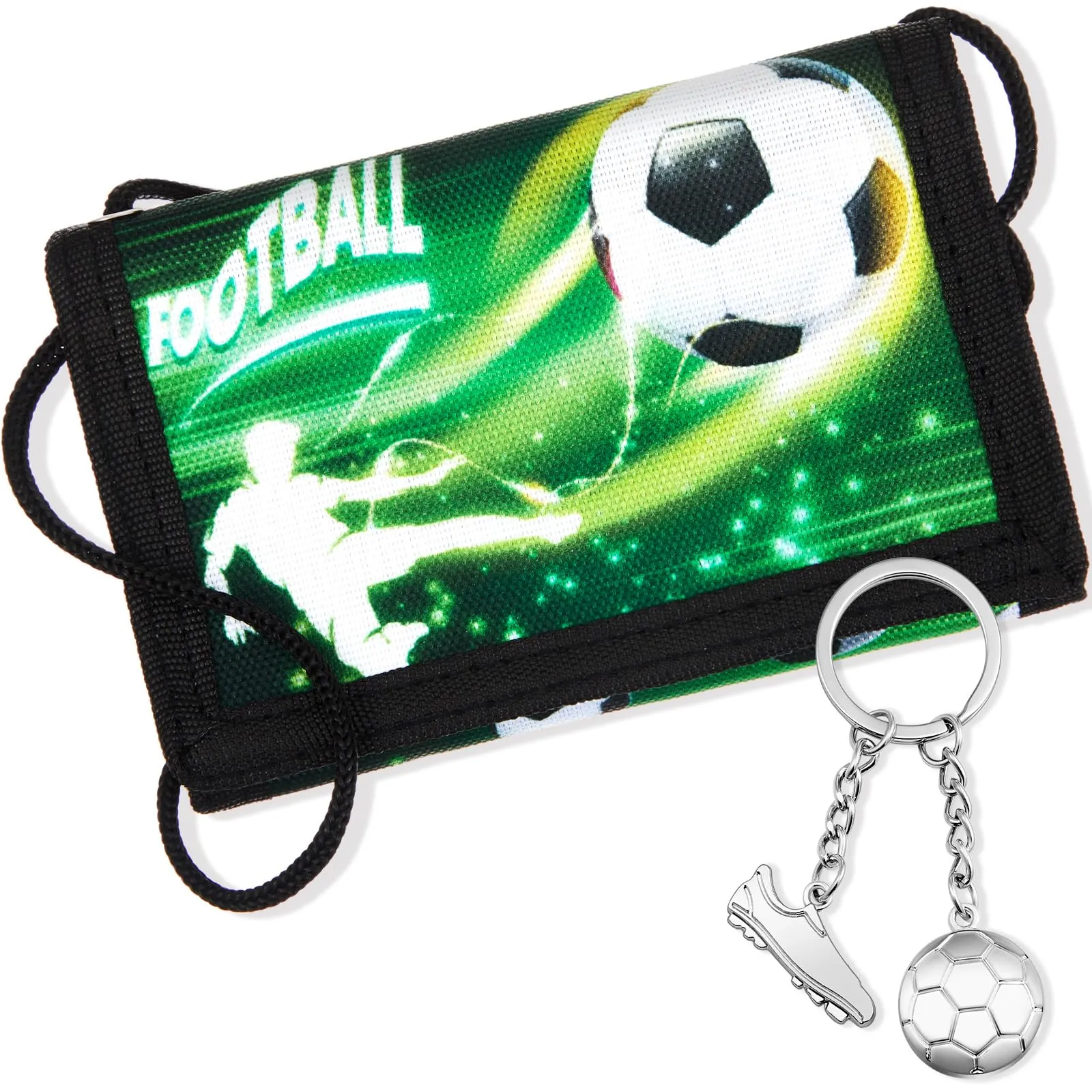 Hestya Portafoglio per Bambini e Ragazzi Portafoglio da Collo a Tre Scomparti con Diverse Fantasie Portamonete da Viaggio con Cordino e Portachiavi Regalo di Compleanno(Football) - immagine 1