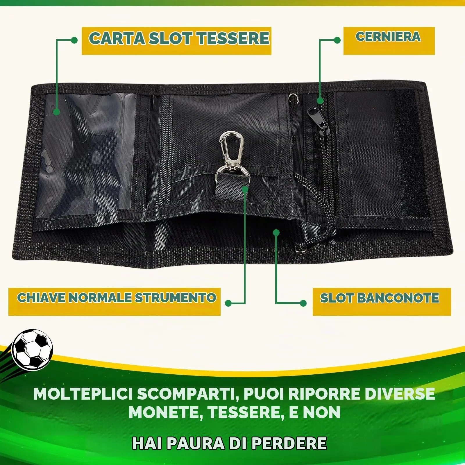 Hestya Portafoglio per Bambini e Ragazzi Portafoglio da Collo a Tre Scomparti con Diverse Fantasie Portamonete da Viaggio con Cordino e Portachiavi Regalo di Compleanno(Football) - immagine 3