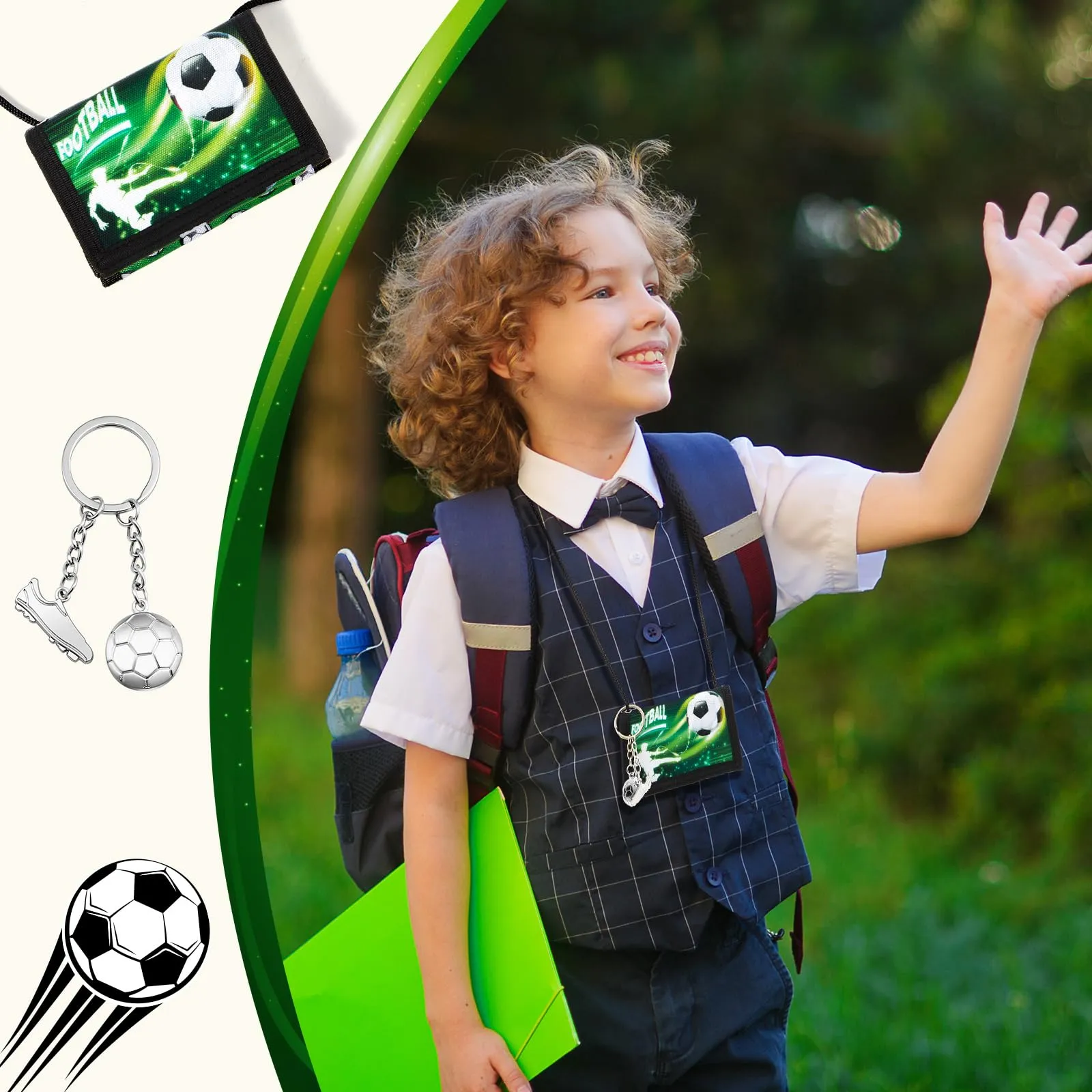 Hestya Portafoglio per Bambini e Ragazzi Portafoglio da Collo a Tre Scomparti con Diverse Fantasie Portamonete da Viaggio con Cordino e Portachiavi Regalo di Compleanno(Football) - immagine 7
