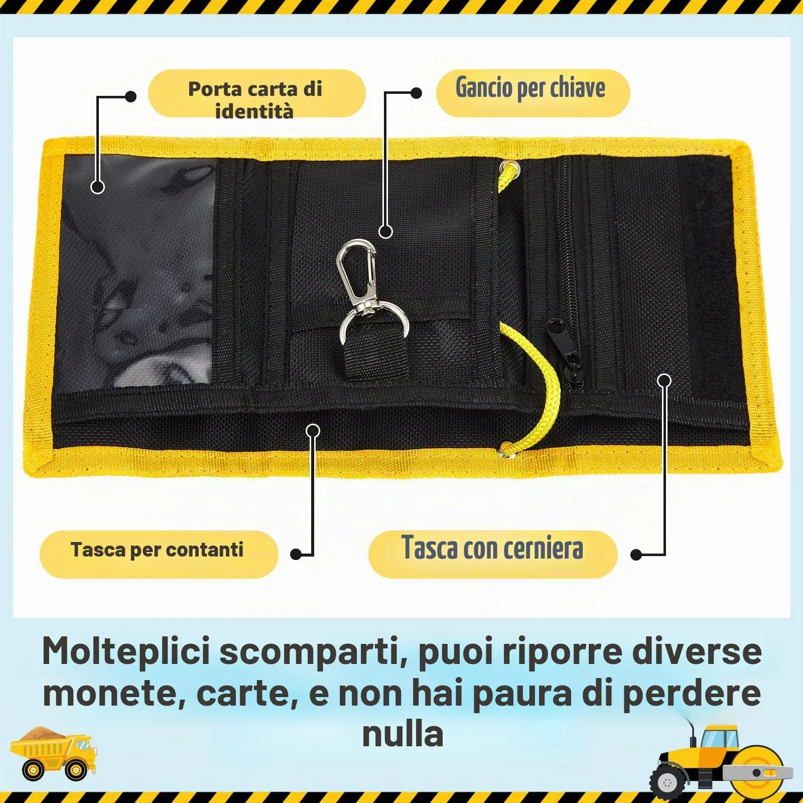 Hestya Portafoglio per Bambini e Ragazzi Portafoglio da Collo a Tre Scomparti con Diverse Fantasie Portamonete da Viaggio con Cordino e Portachiavi Regalo di Compleanno(Escavatore da Cantiere) - immagine 3