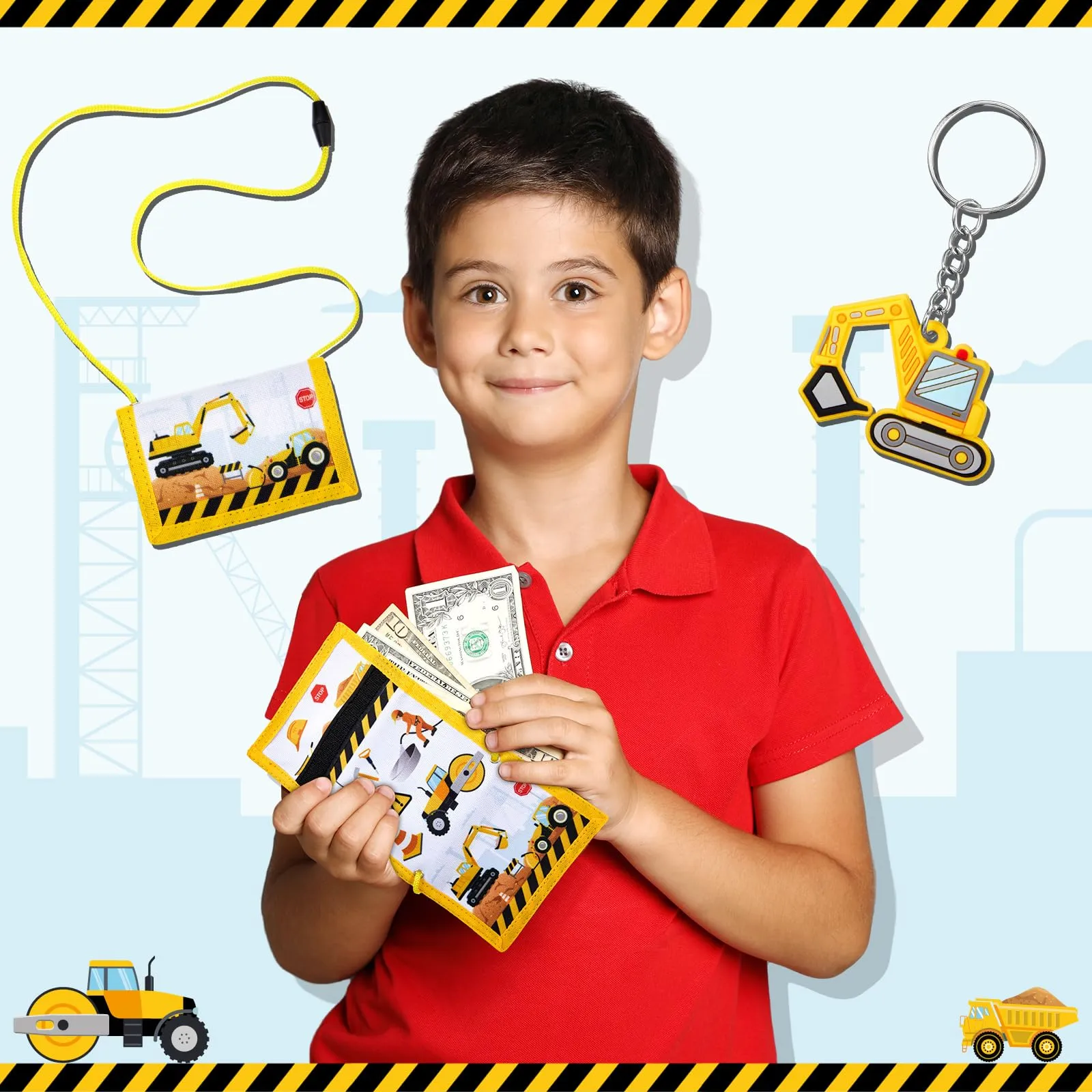 Hestya Portafoglio per Bambini e Ragazzi Portafoglio da Collo a Tre Scomparti con Diverse Fantasie Portamonete da Viaggio con Cordino e Portachiavi Regalo di Compleanno(Escavatore da Cantiere) - immagine 6