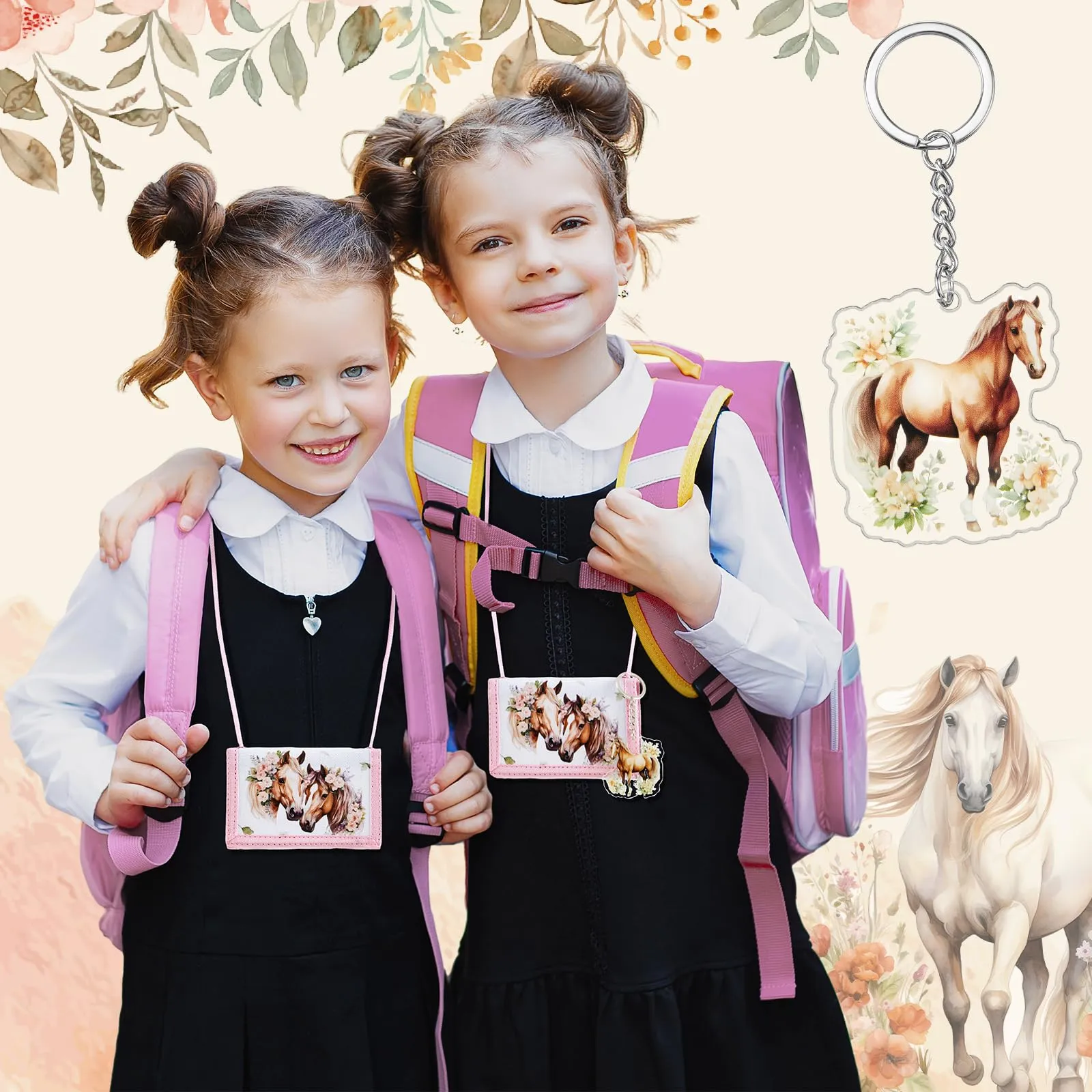 Hestya Portafoglio per Bambini e Ragazzi Portafoglio da Collo a Tre Scomparti con Diverse Fantasie Portamonete da Viaggio con Cordino e Portachiavi Regalo di Compleanno(Cavallo) - immagine 5