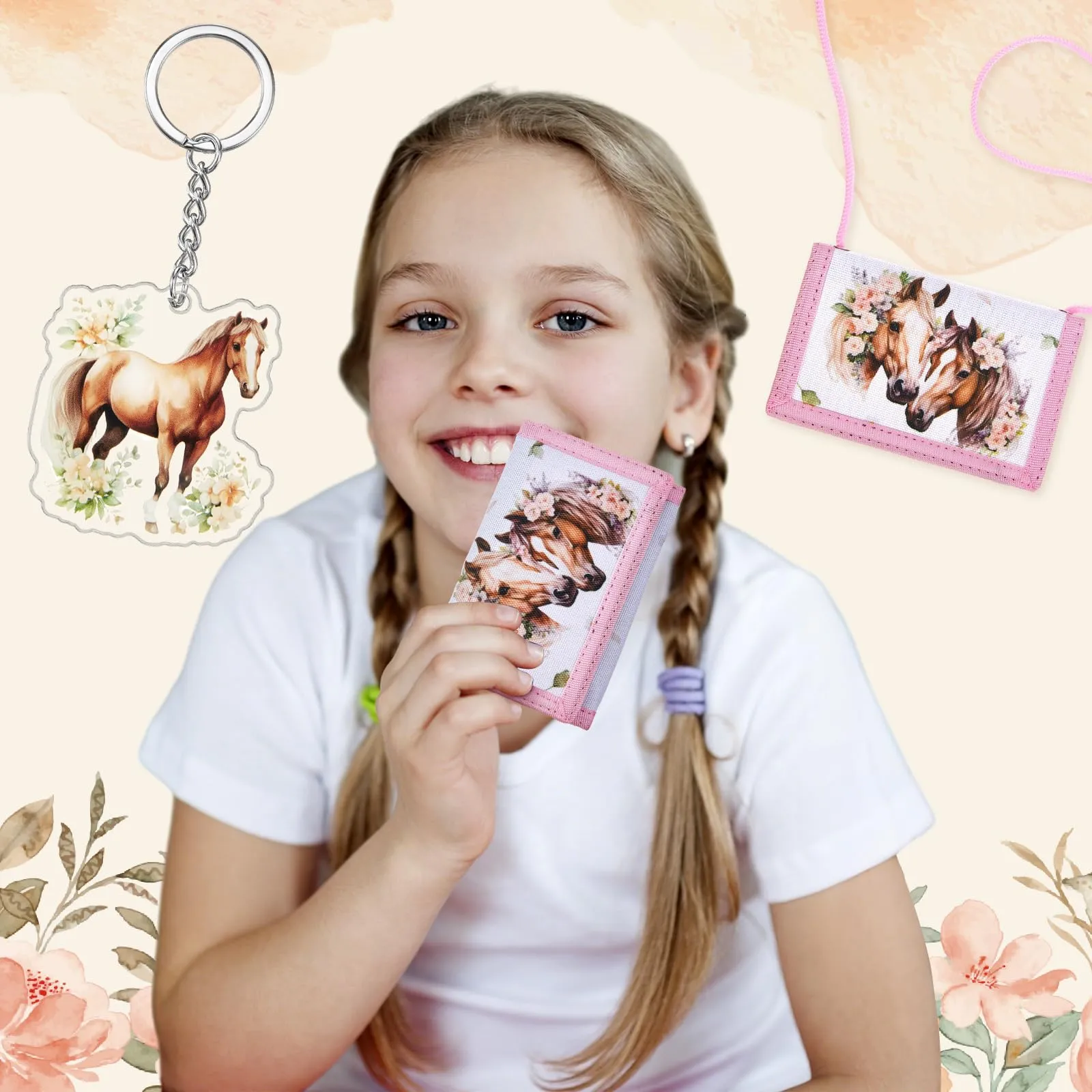 Hestya Portafoglio per Bambini e Ragazzi Portafoglio da Collo a Tre Scomparti con Diverse Fantasie Portamonete da Viaggio con Cordino e Portachiavi Regalo di Compleanno(Cavallo) - immagine 6
