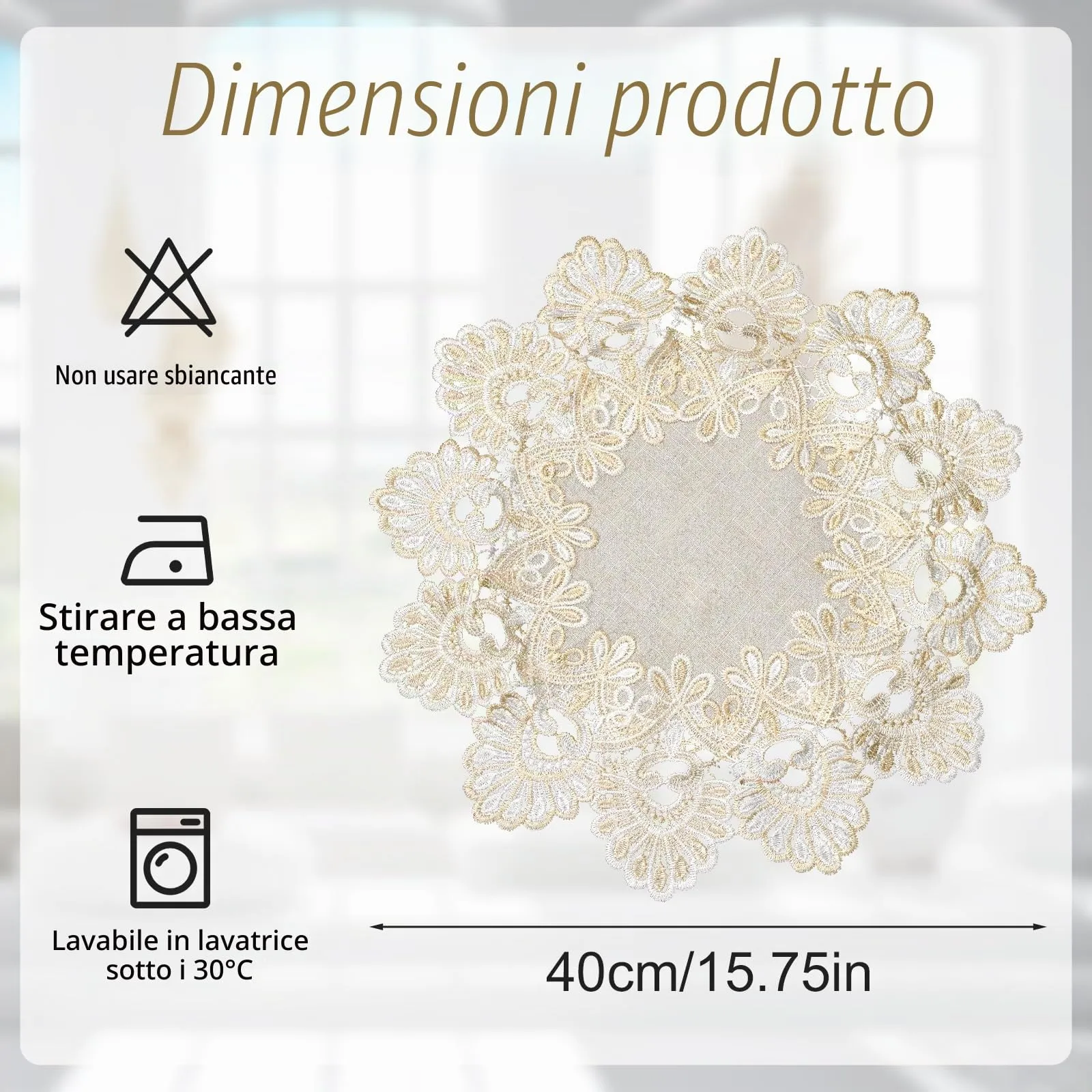 URROMA Centrino rotondo in poliestere, beige e bianco, tovaglia con bordo in pizzo ricamato, decorazione da tavolo per sala da pranzo e cucina (40 x 40 cm) - immagine 2