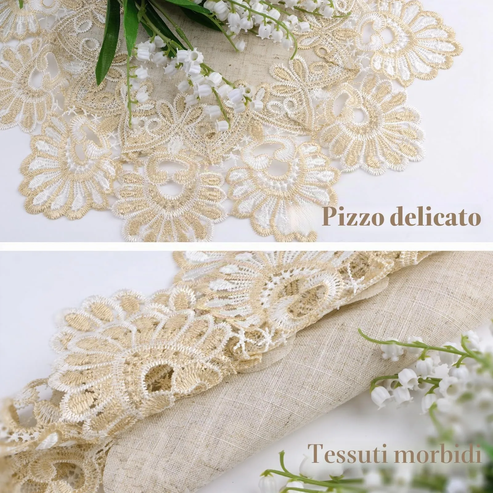 URROMA Centrino rotondo in poliestere, beige e bianco, tovaglia con bordo in pizzo ricamato, decorazione da tavolo per sala da pranzo e cucina (40 x 40 cm) - immagine 3