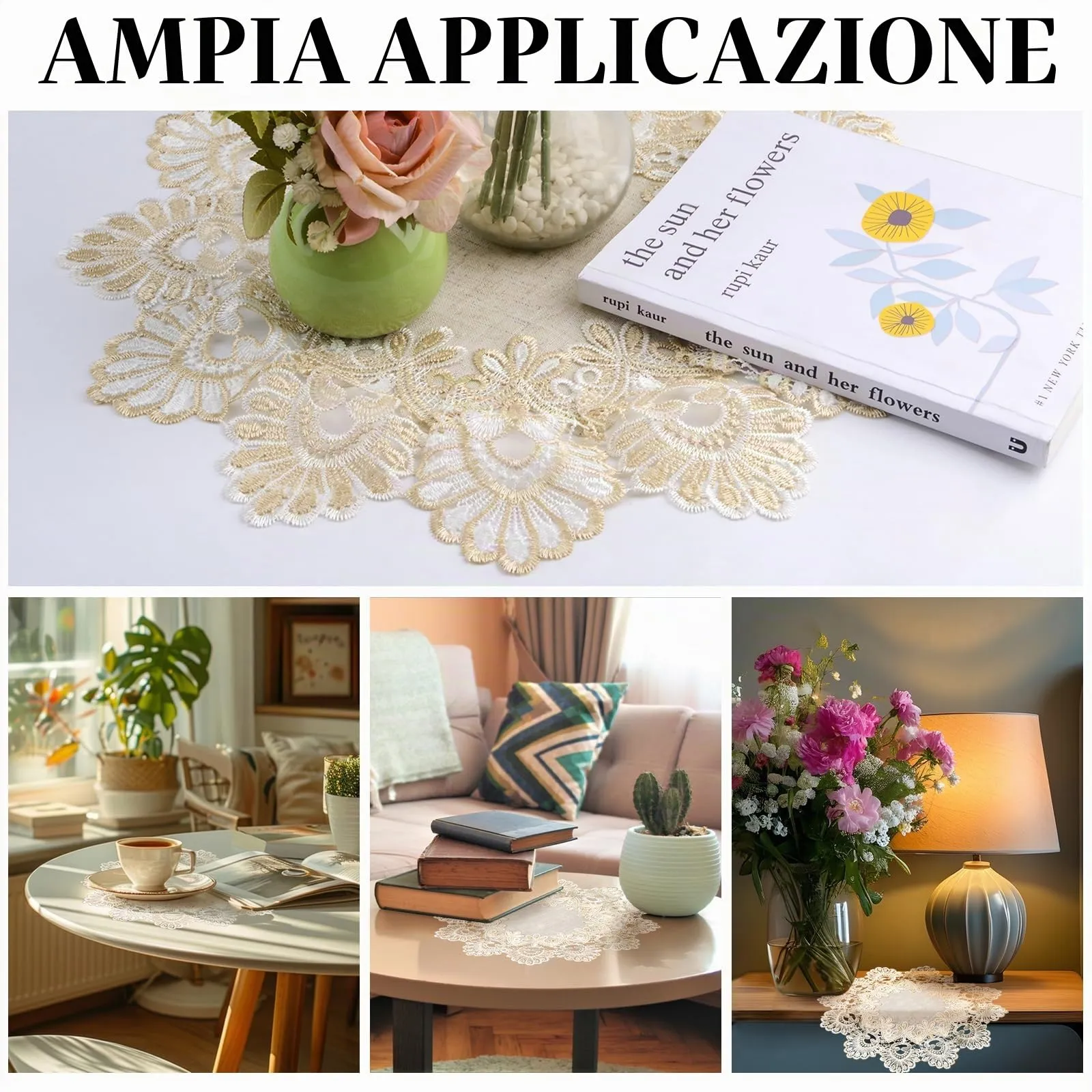 URROMA Centrino rotondo in poliestere, beige e bianco, tovaglia con bordo in pizzo ricamato, decorazione da tavolo per sala da pranzo e cucina (40 x 40 cm) - immagine 7