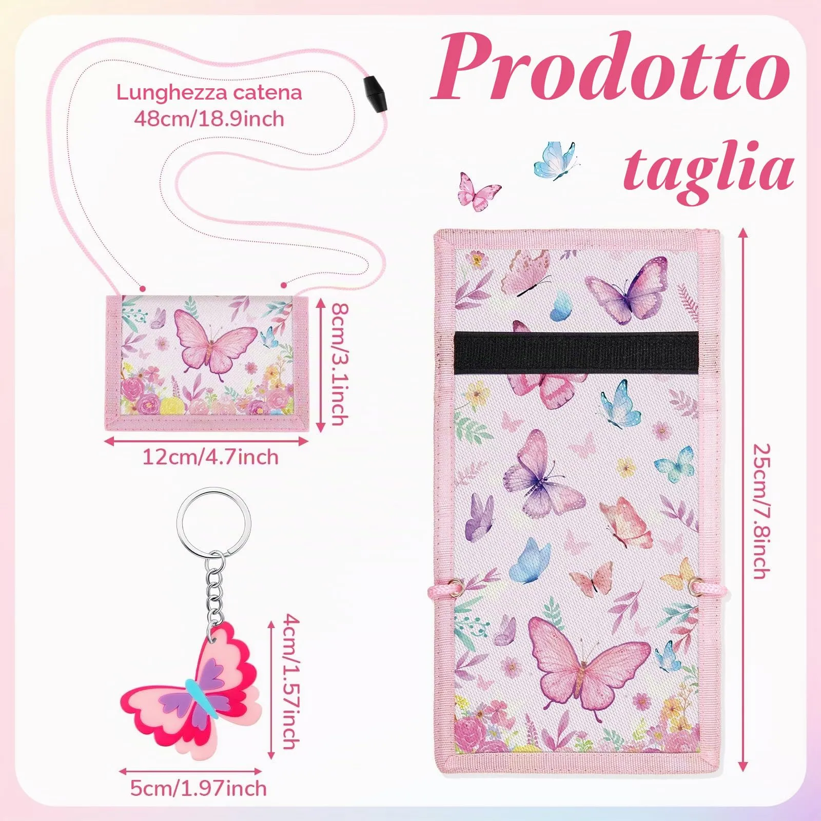 Hestya Portafoglio per Bambini e Ragazzi Portafoglio da Collo a Tre Scomparti con Diverse Fantasie Portamonete da Viaggio con Cordino e Portachiavi Regalo di Compleanno(Farfalle) - immagine 2