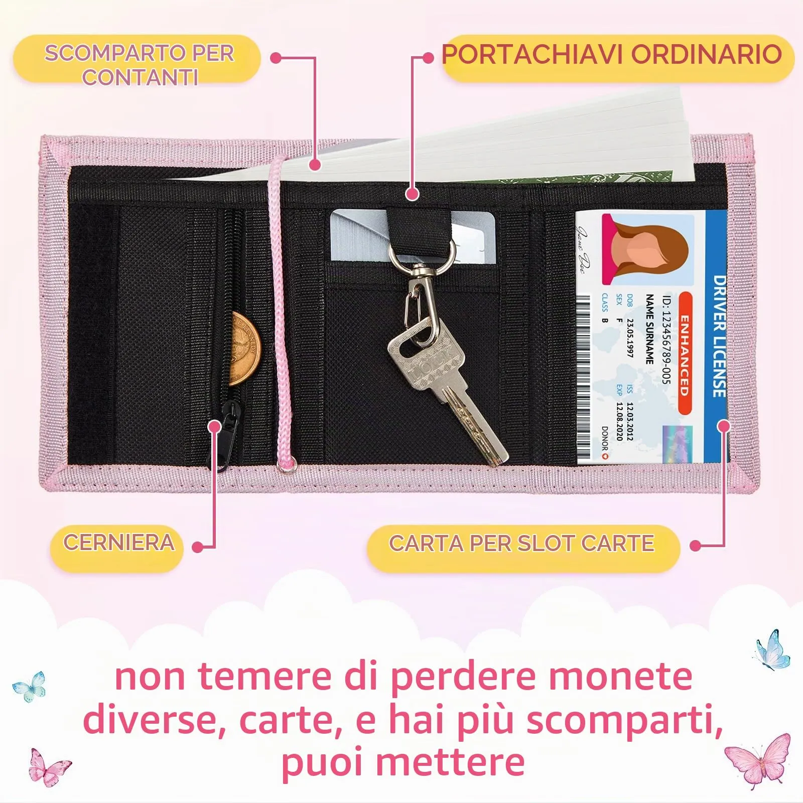 Hestya Portafoglio per Bambini e Ragazzi Portafoglio da Collo a Tre Scomparti con Diverse Fantasie Portamonete da Viaggio con Cordino e Portachiavi Regalo di Compleanno(Farfalle) - immagine 3
