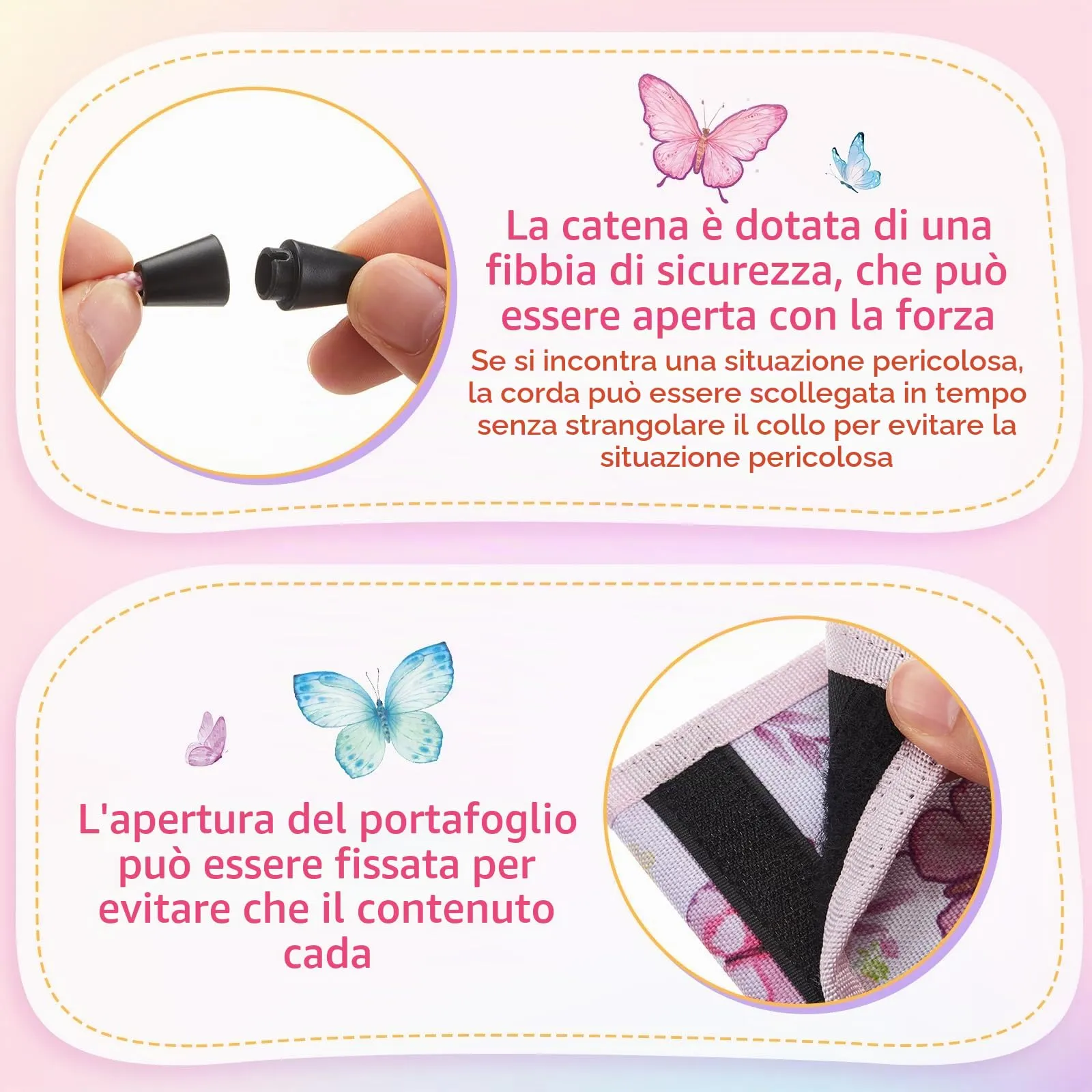 Hestya Portafoglio per Bambini e Ragazzi Portafoglio da Collo a Tre Scomparti con Diverse Fantasie Portamonete da Viaggio con Cordino e Portachiavi Regalo di Compleanno(Farfalle) - immagine 4