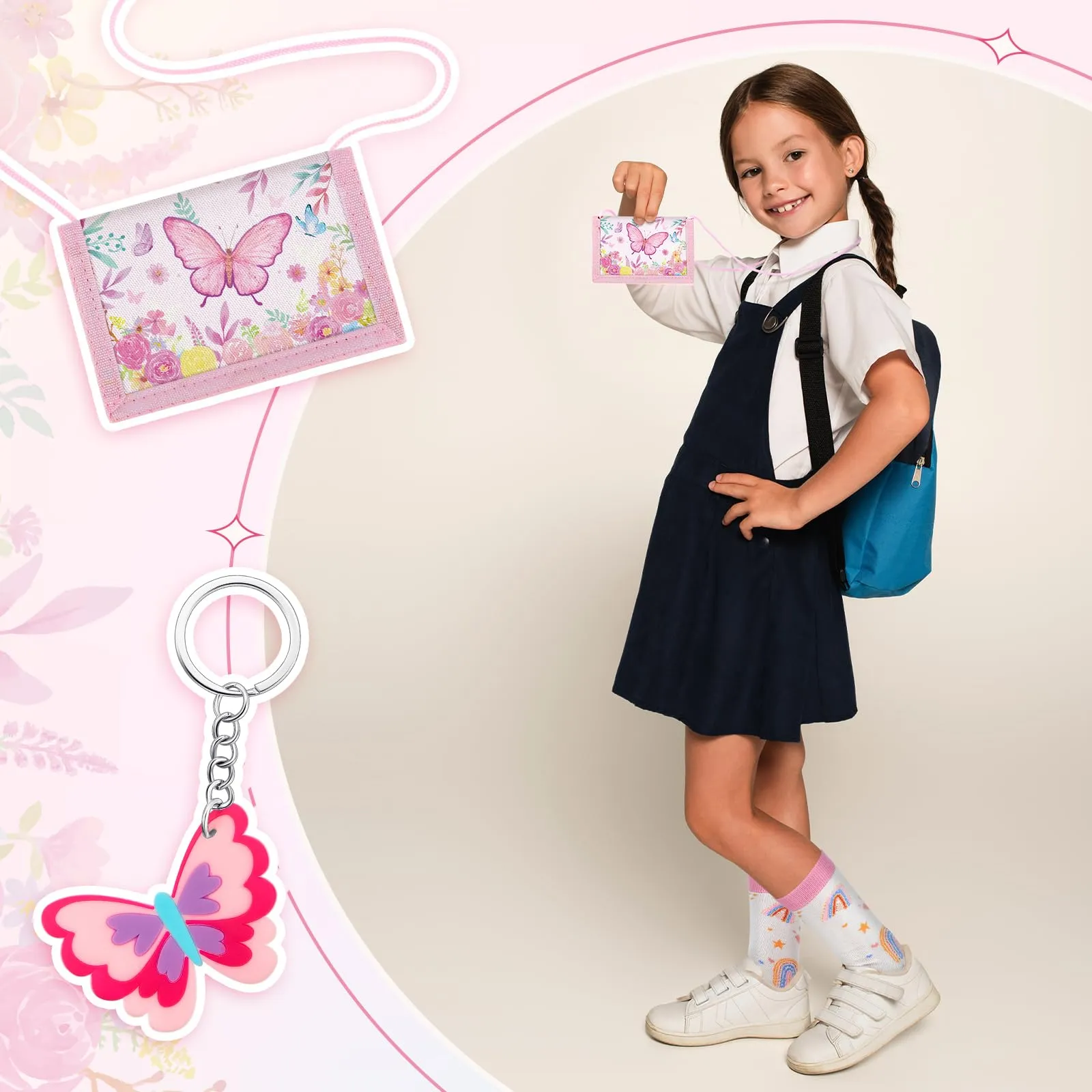 Hestya Portafoglio per Bambini e Ragazzi Portafoglio da Collo a Tre Scomparti con Diverse Fantasie Portamonete da Viaggio con Cordino e Portachiavi Regalo di Compleanno(Farfalle) - immagine 5