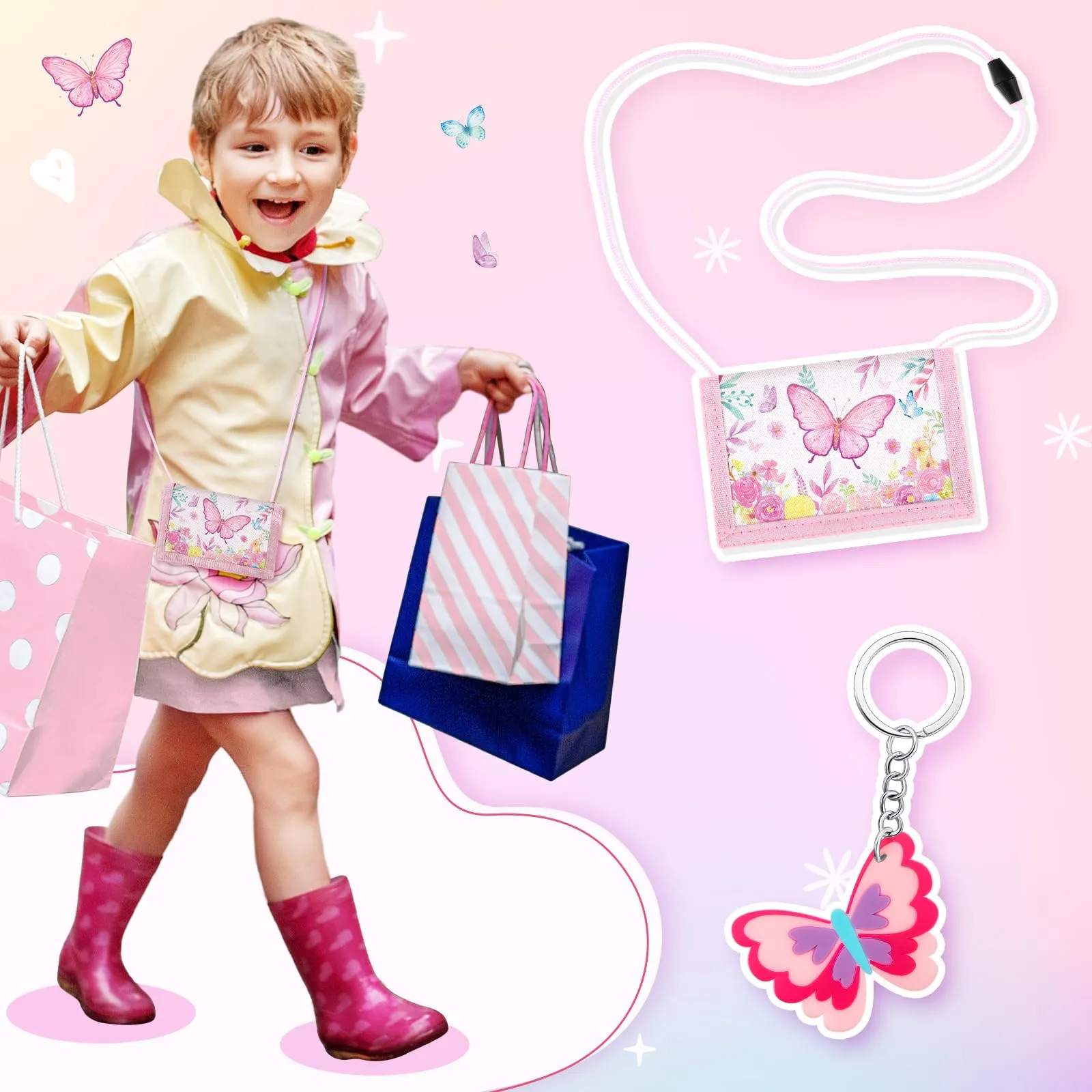 Hestya Portafoglio per Bambini e Ragazzi Portafoglio da Collo a Tre Scomparti con Diverse Fantasie Portamonete da Viaggio con Cordino e Portachiavi Regalo di Compleanno(Farfalle) - immagine 6