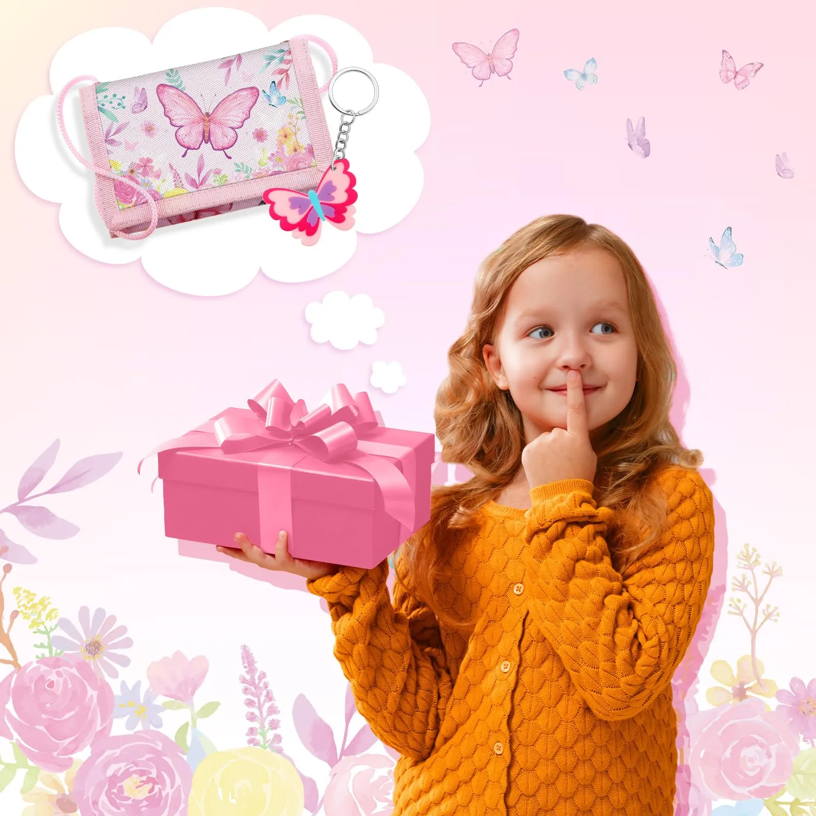 Hestya Portafoglio per Bambini e Ragazzi Portafoglio da Collo a Tre Scomparti con Diverse Fantasie Portamonete da Viaggio con Cordino e Portachiavi Regalo di Compleanno(Farfalle) - immagine 7