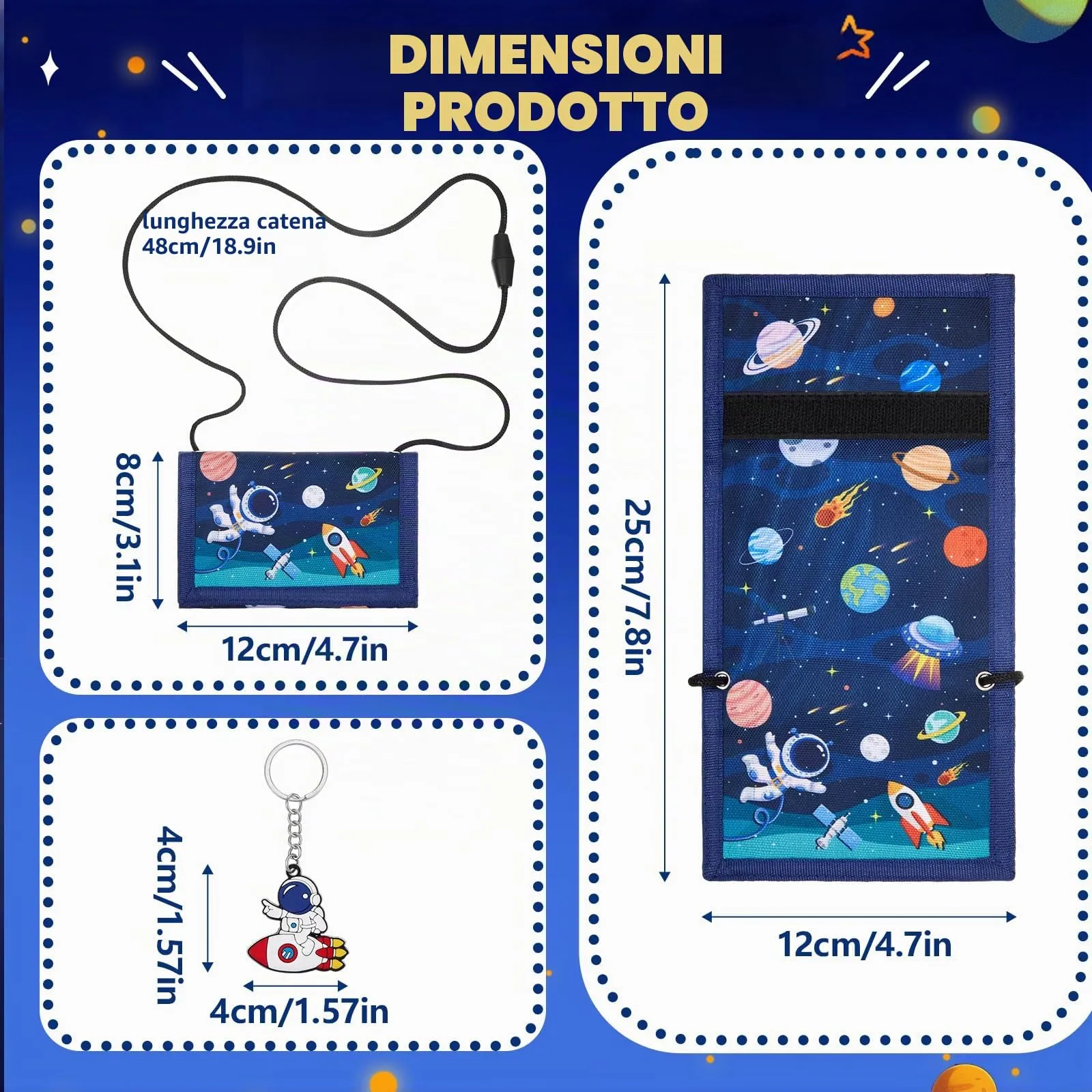 Hestya Portafoglio per Bambini e Ragazzi Portafoglio da Collo a Tre Scomparti con Diverse Fantasie Portamonete da Viaggio con Cordino e Portachiavi Regalo di Compleanno(Astronauta) - immagine 2