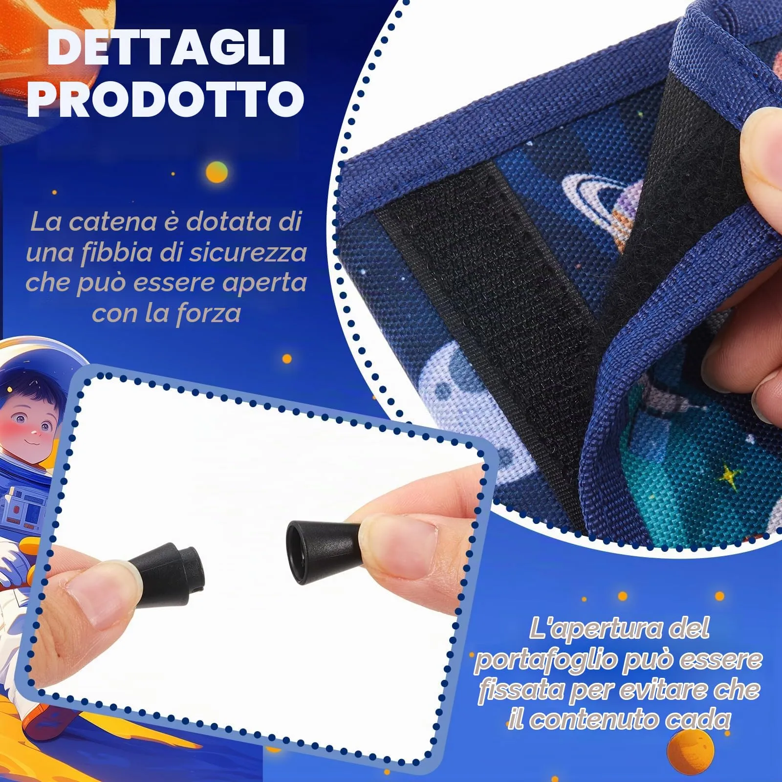Hestya Portafoglio per Bambini e Ragazzi Portafoglio da Collo a Tre Scomparti con Diverse Fantasie Portamonete da Viaggio con Cordino e Portachiavi Regalo di Compleanno(Astronauta) - immagine 4