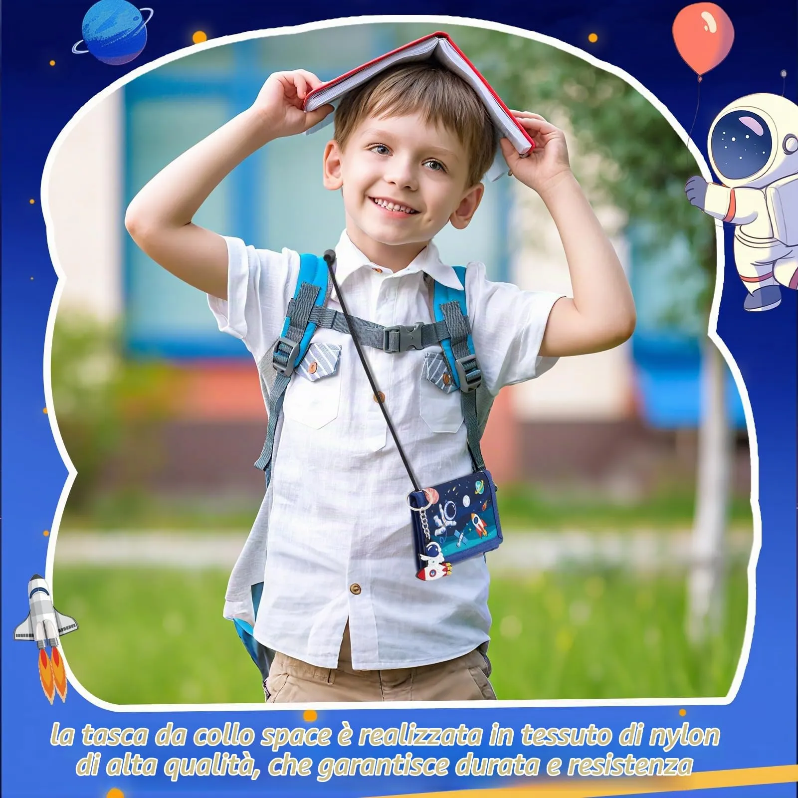 Hestya Portafoglio per Bambini e Ragazzi Portafoglio da Collo a Tre Scomparti con Diverse Fantasie Portamonete da Viaggio con Cordino e Portachiavi Regalo di Compleanno(Astronauta) - immagine 5
