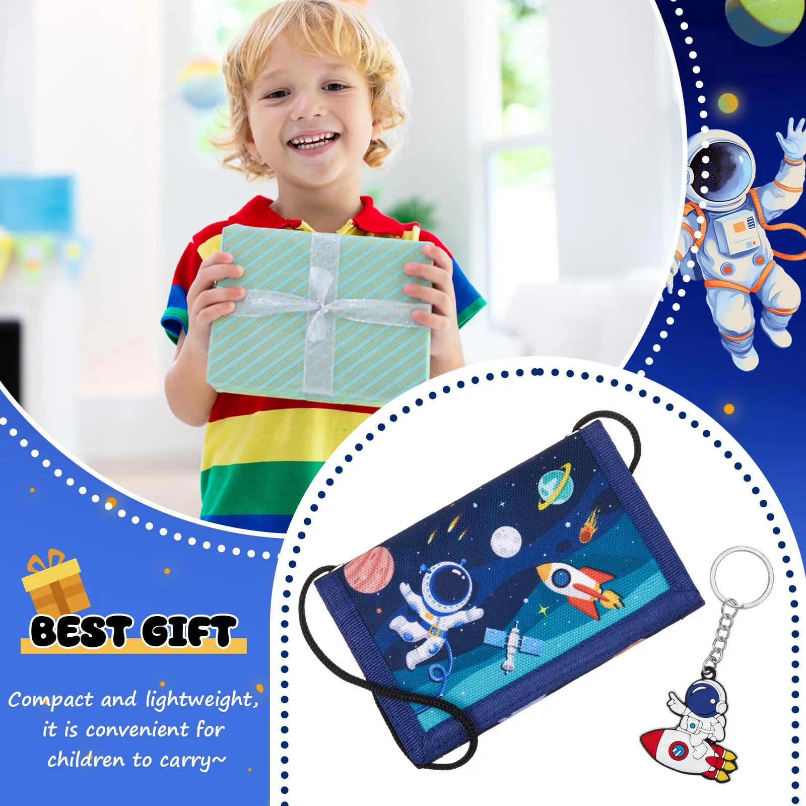 Hestya Portafoglio per Bambini e Ragazzi Portafoglio da Collo a Tre Scomparti con Diverse Fantasie Portamonete da Viaggio con Cordino e Portachiavi Regalo di Compleanno(Astronauta) - immagine 7