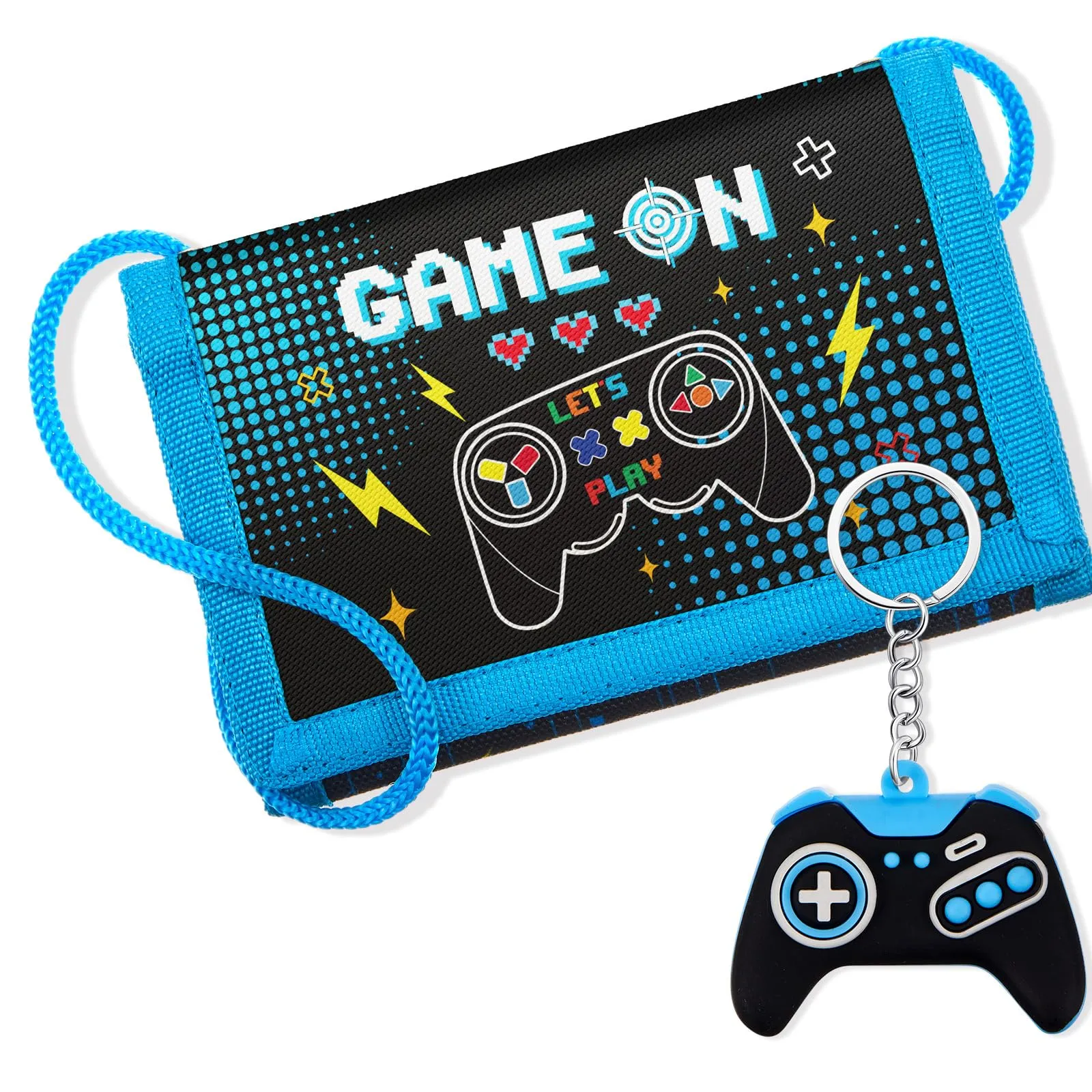 Hestya Portafoglio per Bambini e Ragazzi Portafoglio da Collo a Tre Scomparti con Diverse Fantasie Portamonete da Viaggio con Cordino e Portachiavi Regalo di Compleanno(Gaming) - immagine 1