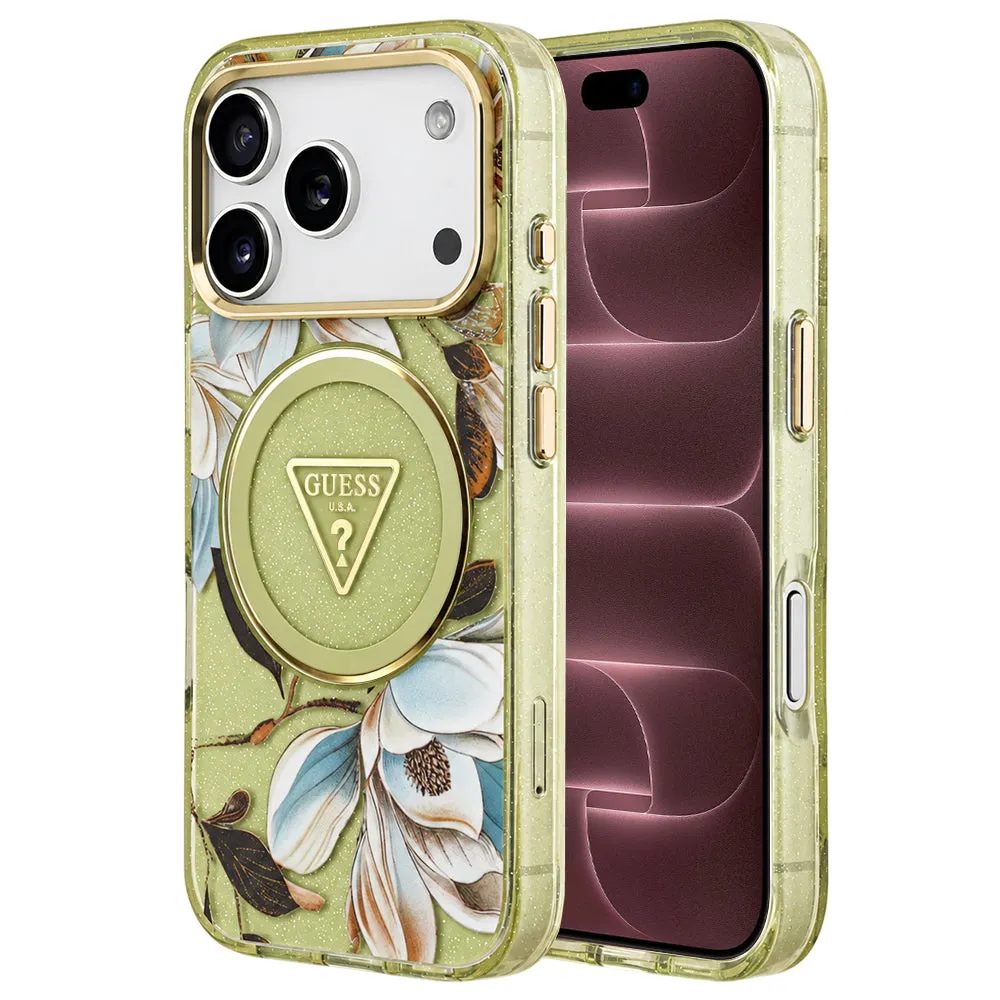 Custodia MagSafe per Apple iPhone 18 Pro Max / 17 Pro Max, Guess, IML Metal Glitter Flowers Triangle, Verde - immagine 1