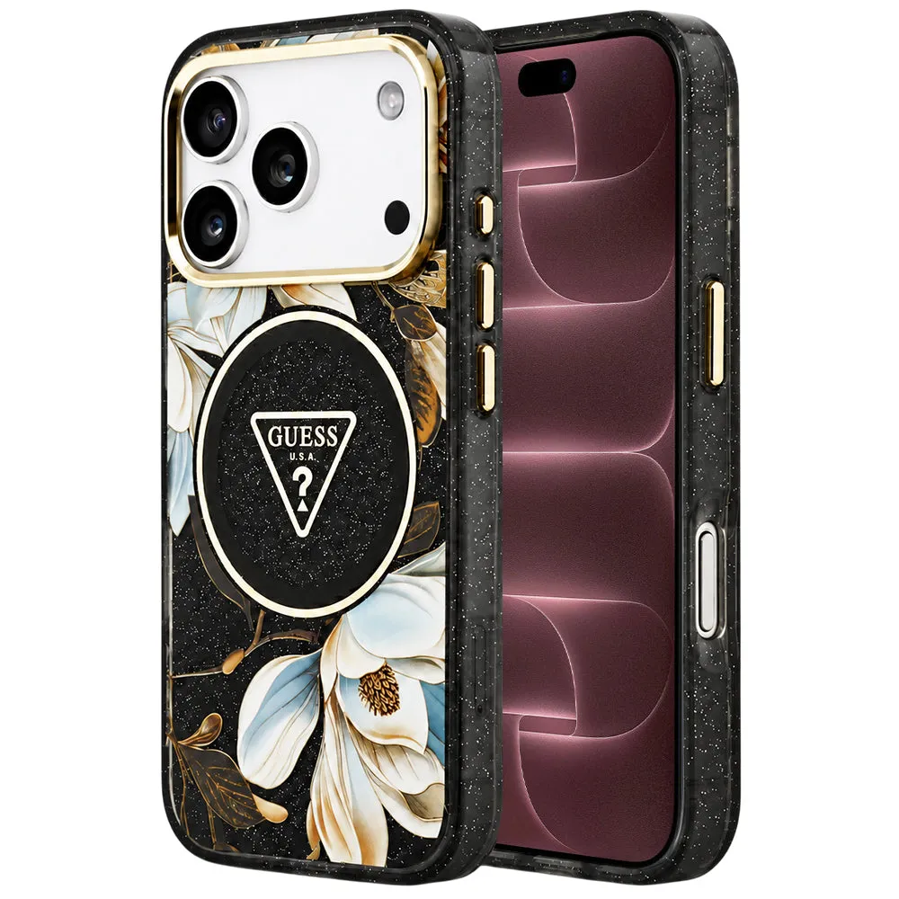 Custodia MagSafe per Apple iPhone 18 Pro Max / 17 Pro Max, Guess, IML Metal Glitter Flowers Triangle, nera - immagine 1
