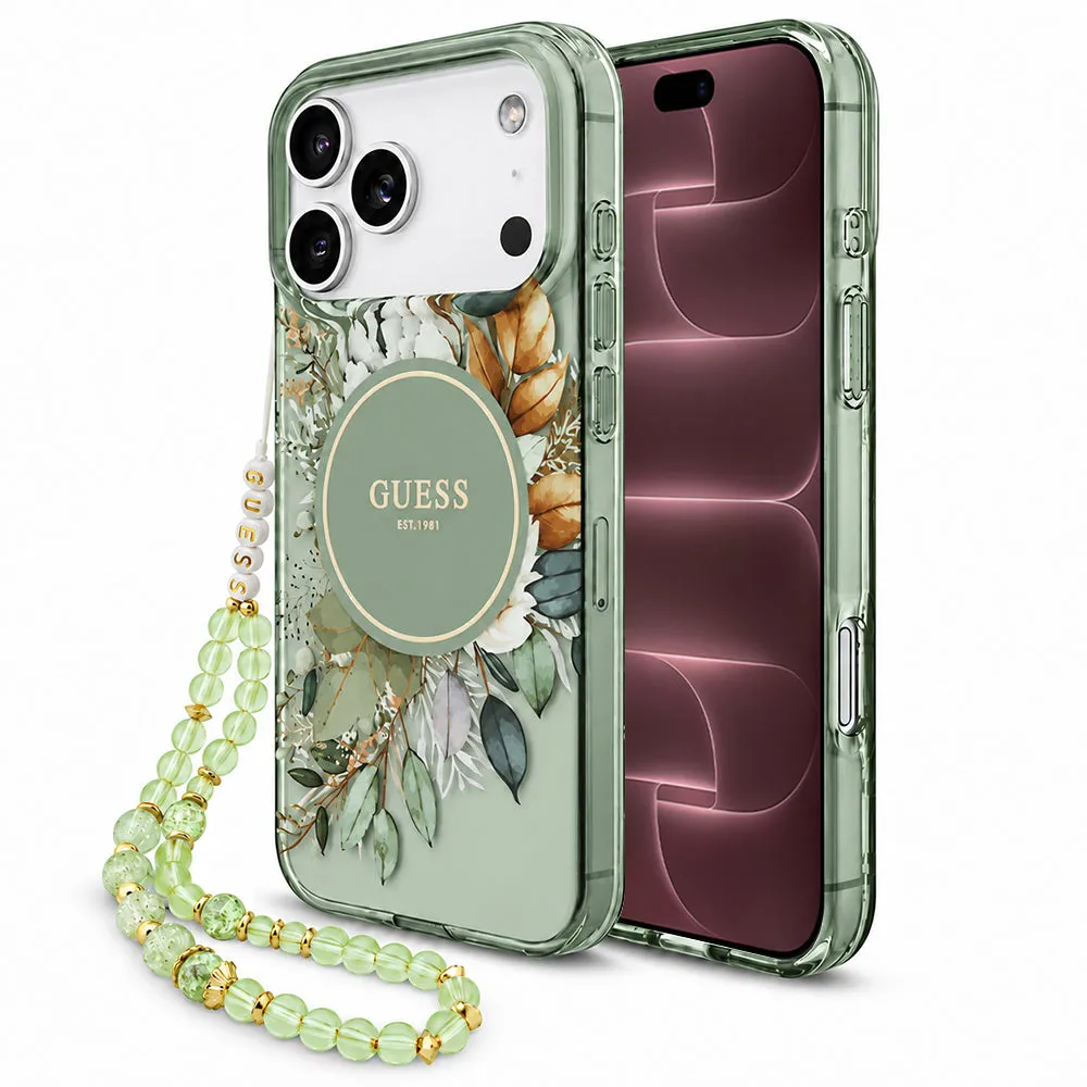 Cover MagSafe per Apple iPhone 18 Pro Max / 17 Pro Max, Guess, IML Flowers with Pearl Strap, Verde - immagine 1