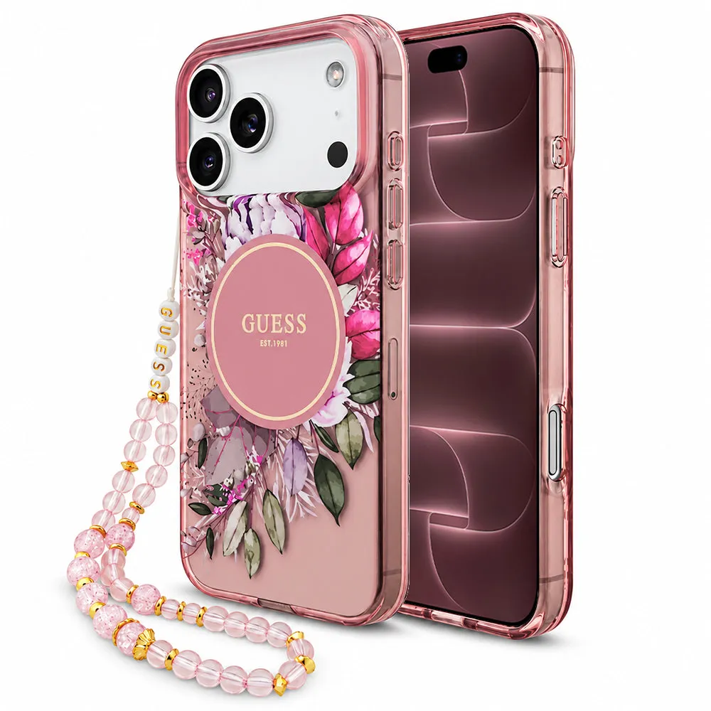 Custodia MagSafe per Apple iPhone 18 Pro Max / 17 Pro Max, Guess, IML Flowers with Pearl Strap, rosa - immagine 1