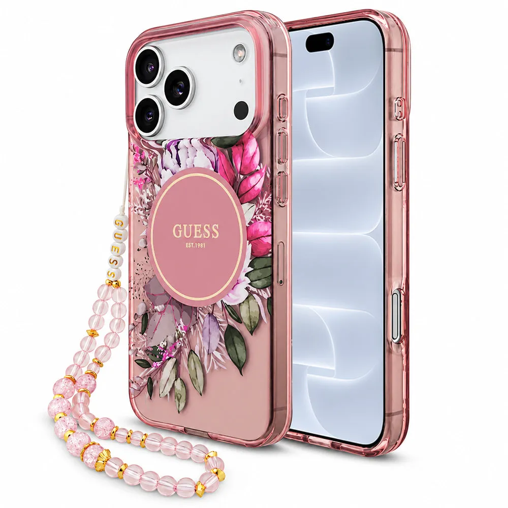 Custodia MagSafe per Apple iPhone 18 Pro / 17 Pro, Guess, IML Flowers with Pearl Strap, rosa - immagine 1
