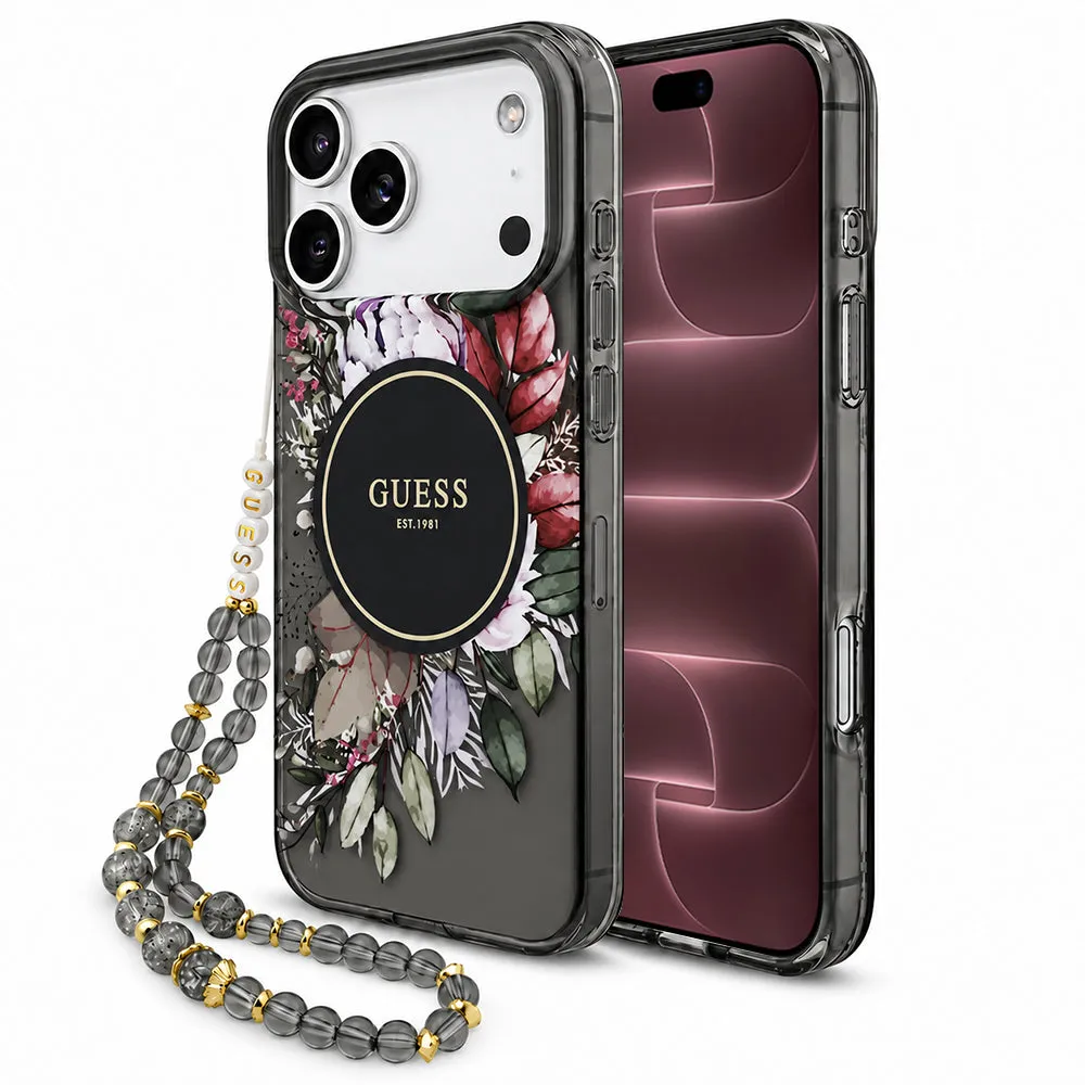 Custodia MagSafe per Apple iPhone 18 Pro Max / 17 Pro Max, Guess, IML Flowers with Pearl Strap, nera - immagine 1