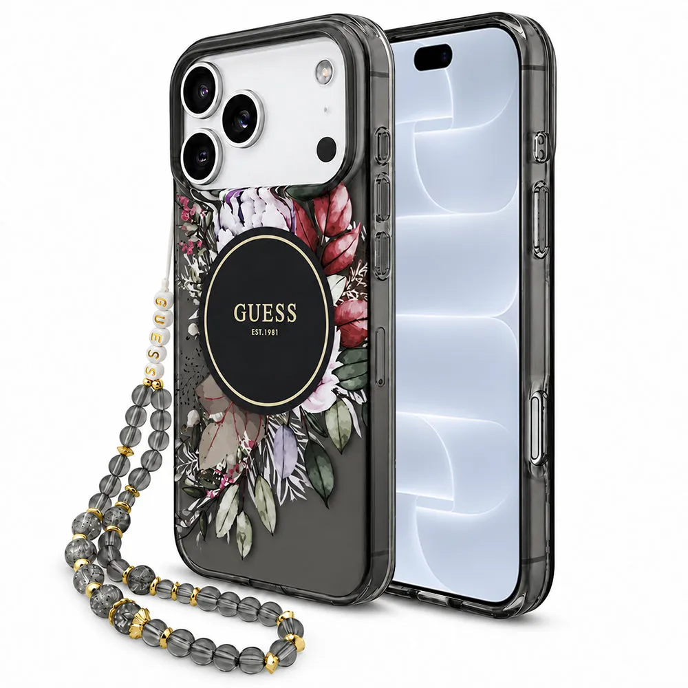 Custodia MagSafe per Apple iPhone 18 Pro / 17 Pro, Guess, IML Flowers with Pearl Strap, nera - immagine 1