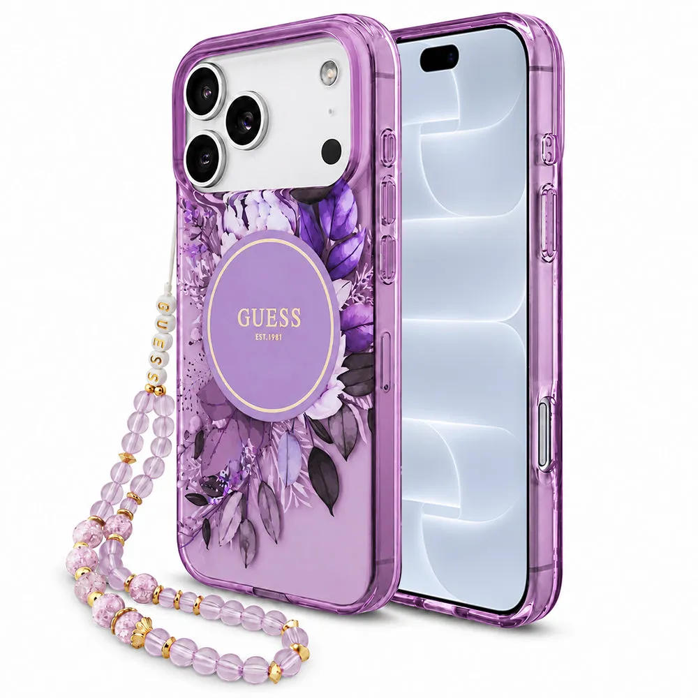 Custodia MagSafe per Apple iPhone 18 Pro / 17 Pro, Guess, IML Flowers with Pearl Strap, Viola - immagine 1