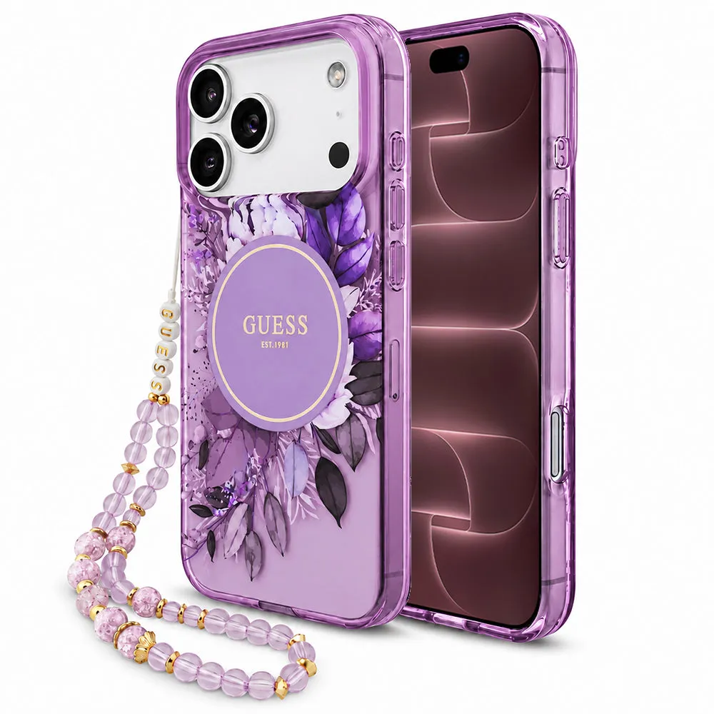 Custodia MagSafe per Apple iPhone 18 Pro Max / 17 Pro Max, Guess, IML Flowers with Pearl Strap, viola - immagine 1