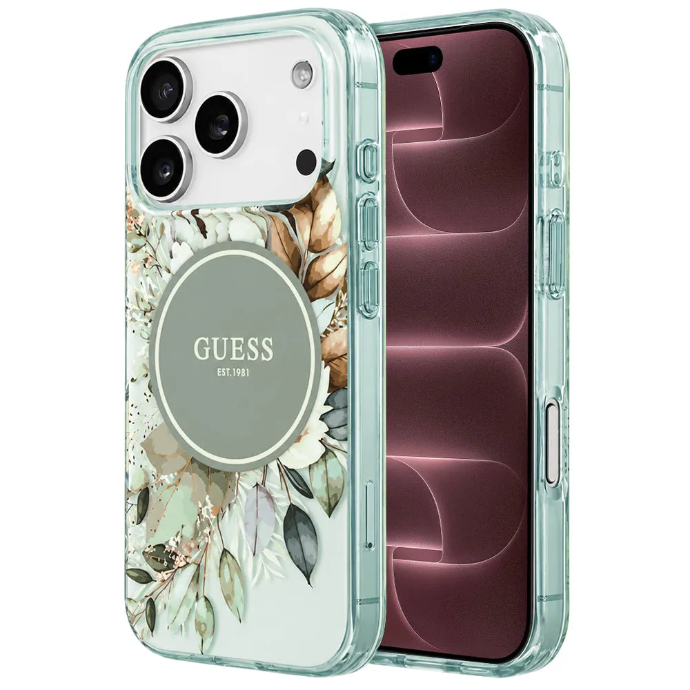 Custodia MagSafe per Apple iPhone 18 Pro Max / 17 Pro Max, Guess, IML Flower & Tonal Circle, Verde - immagine 1