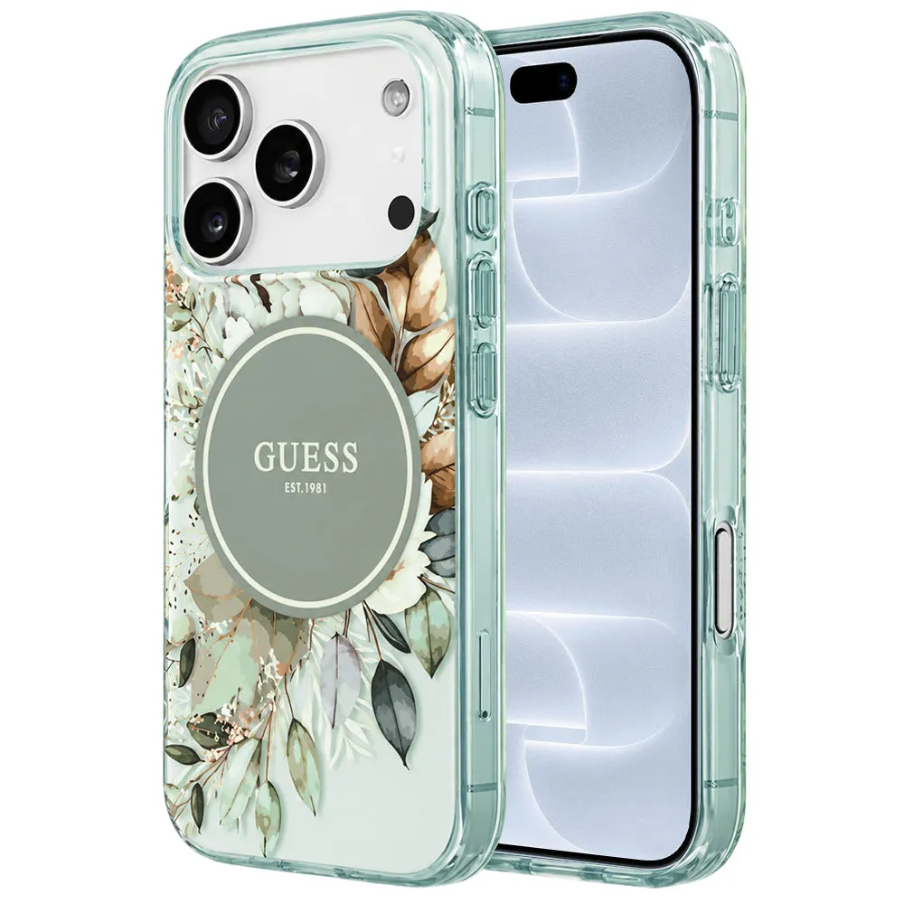 Custodia MagSafe per Apple iPhone 18 Pro / 17 Pro, Guess, IML Flower & Tonal Circle, Verde - immagine 1