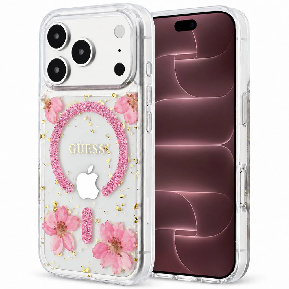 Custodia MagSafe per Apple iPhone 18 Pro Max / 17 Pro Max, Guess, Resin Flowers and Glitter, Rosa - immagine 1