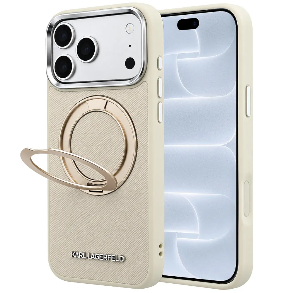 Custodia MagSafe per Apple iPhone 18 Pro / 17 Pro, Karl Lagerfeld, Ring Stand 360 Saffiano, Beige - immagine 1